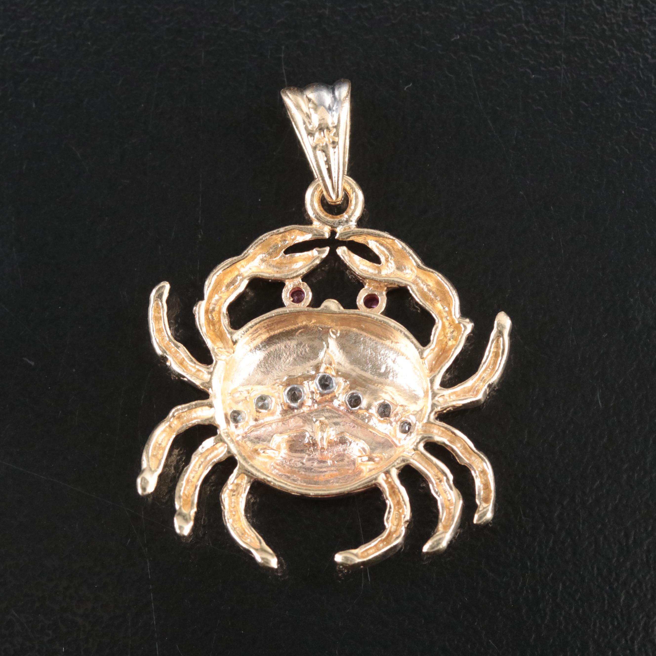 14K Tri-Color CZ and Ruby Crab Pendant