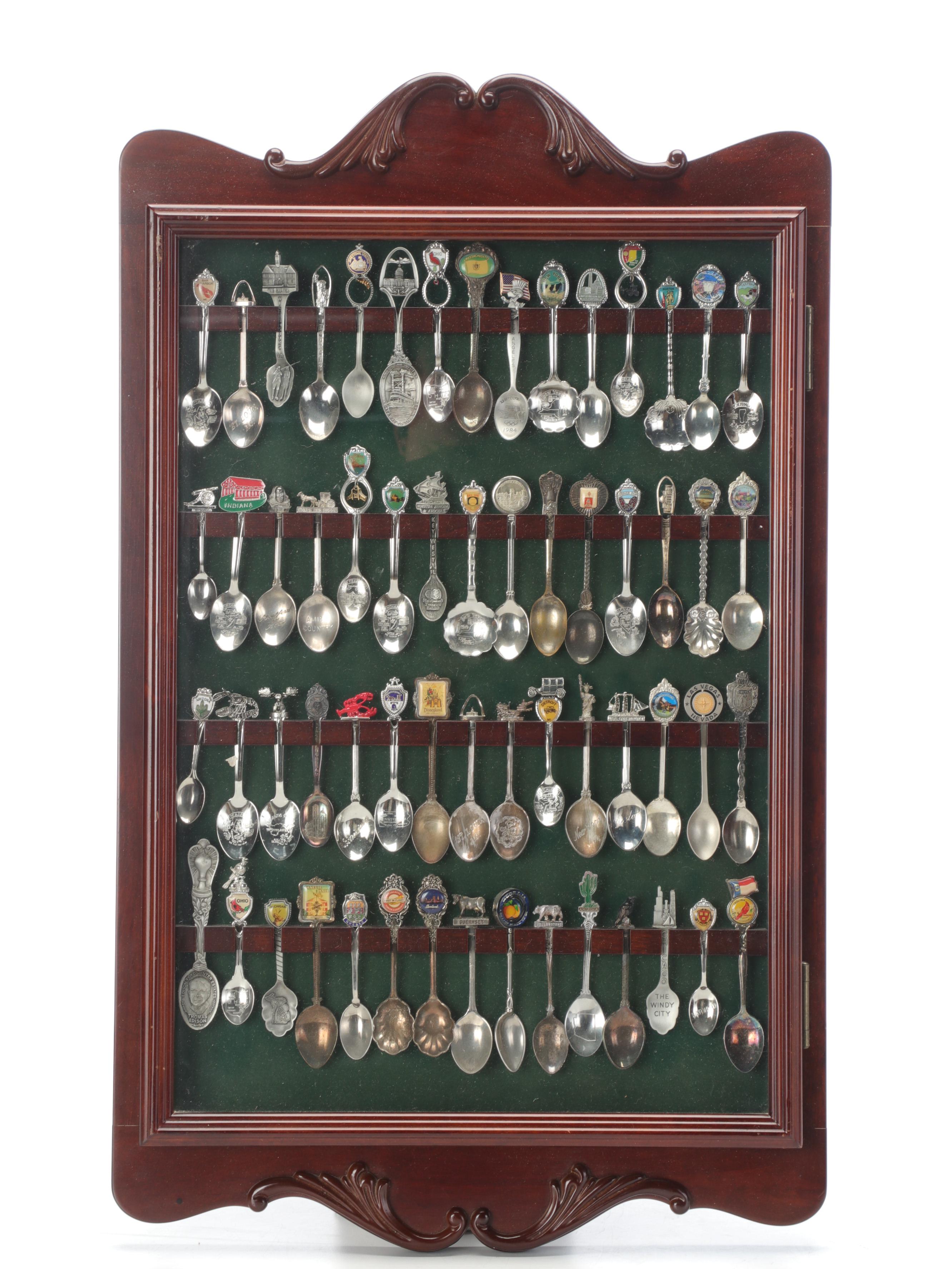 Silver Plate and Other Metal Souvenir Spoons Framed in Shadow Boxes