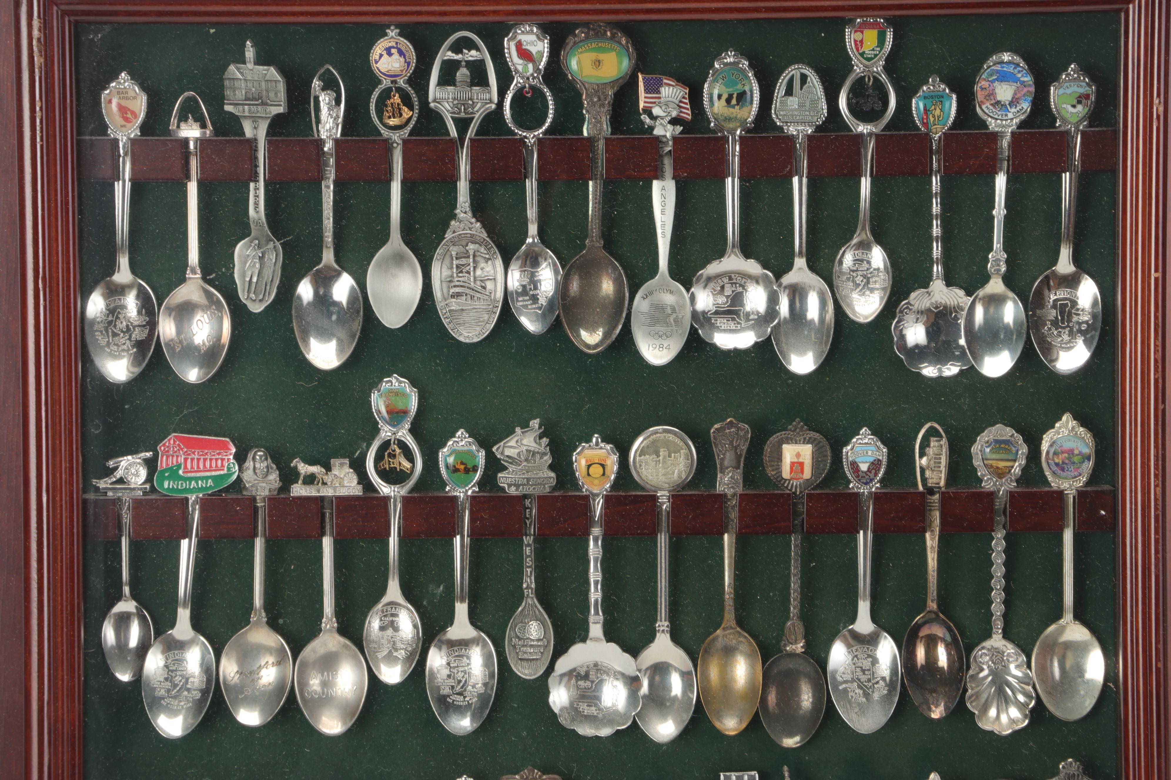 Silver Plate and Other Metal Souvenir Spoons Framed in Shadow Boxes