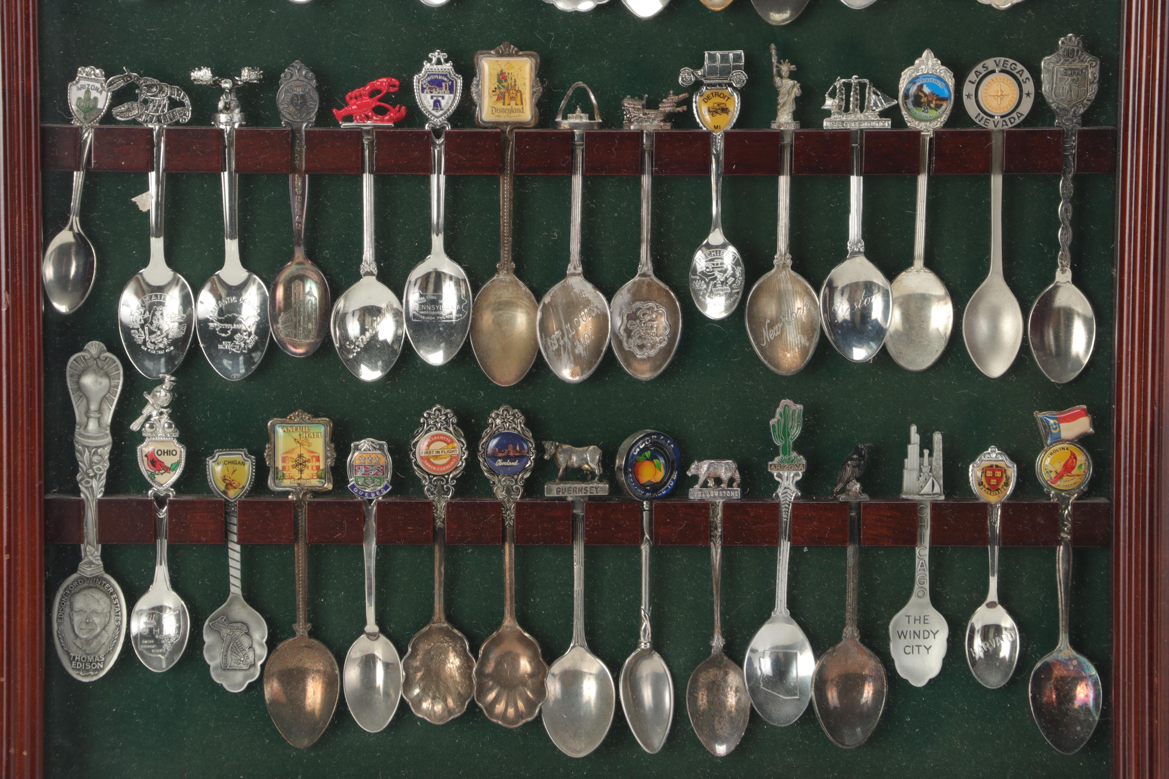 Silver Plate and Other Metal Souvenir Spoons Framed in Shadow Boxes