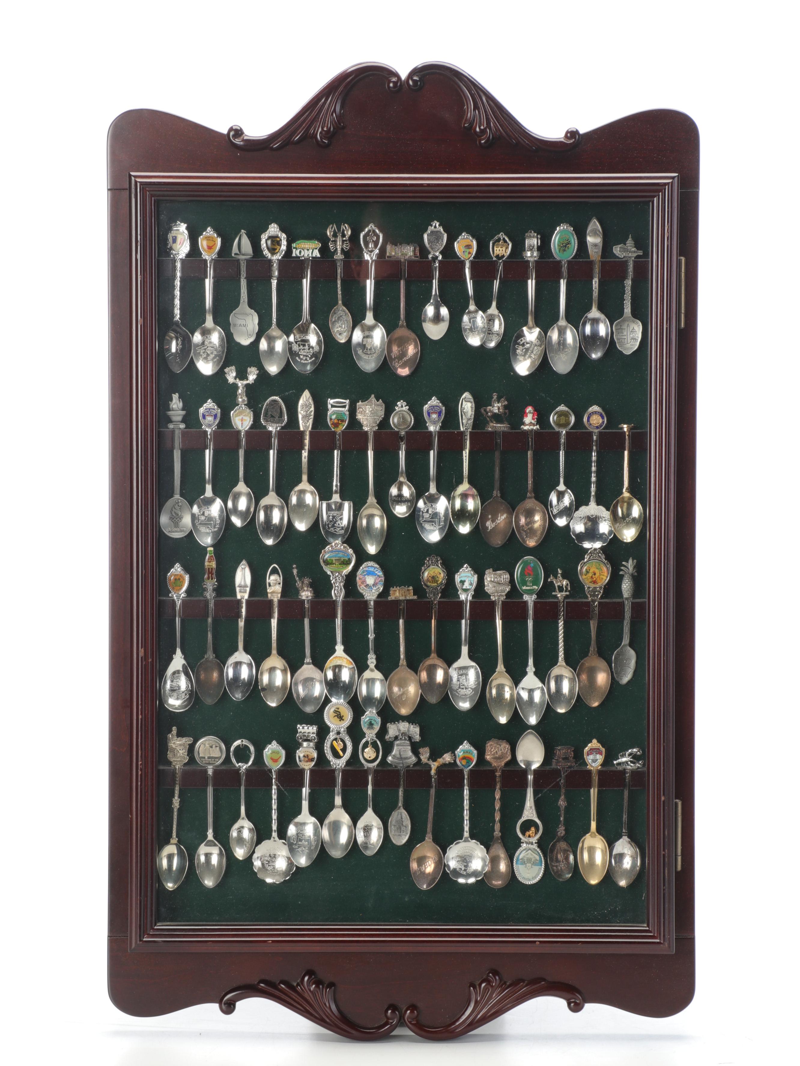 Silver Plate and Other Metal Souvenir Spoons Framed in Shadow Boxes