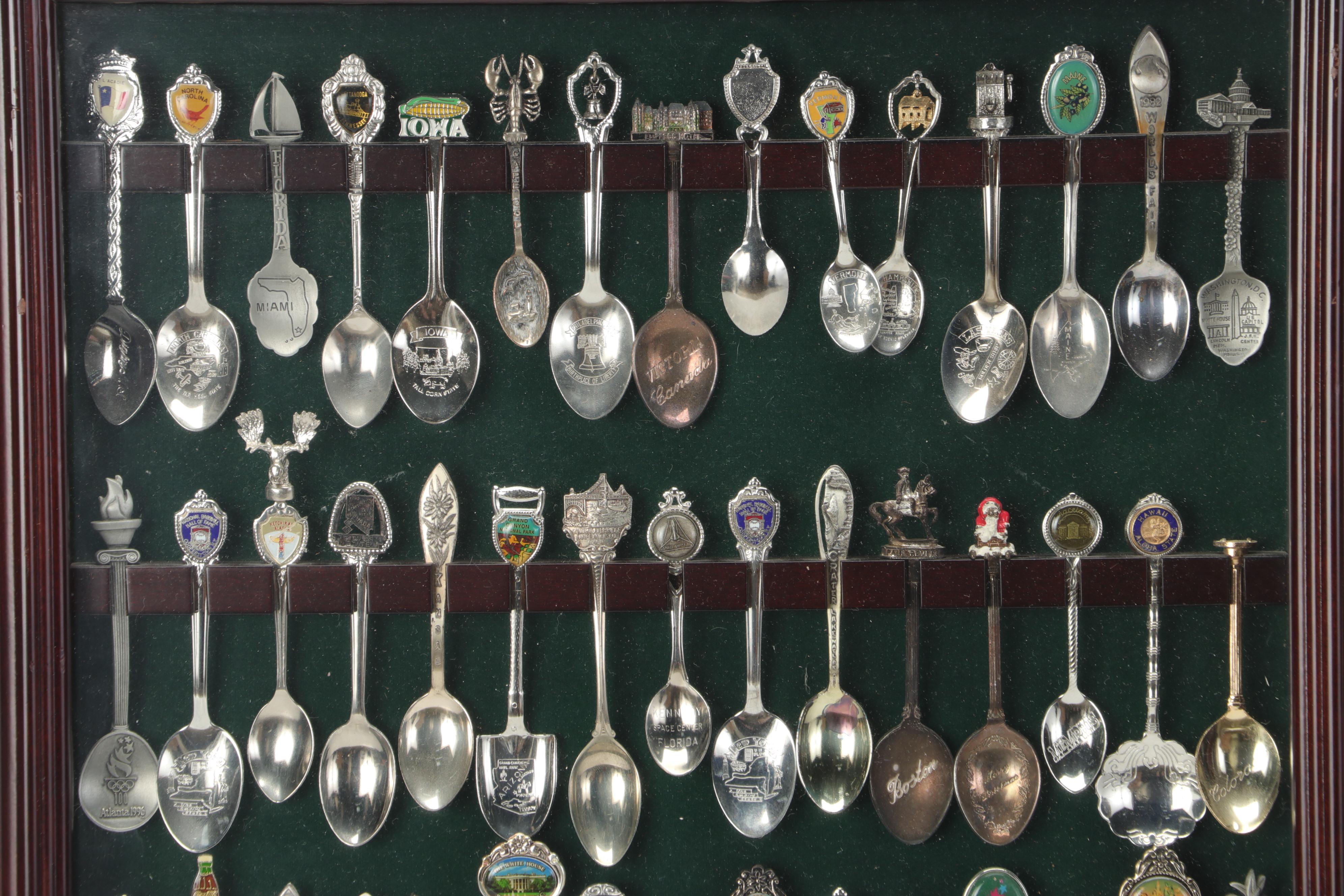 Silver Plate and Other Metal Souvenir Spoons Framed in Shadow Boxes