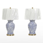 Safavieh Blue and White Porcelain Jar Lamps With New White Barrel Shades