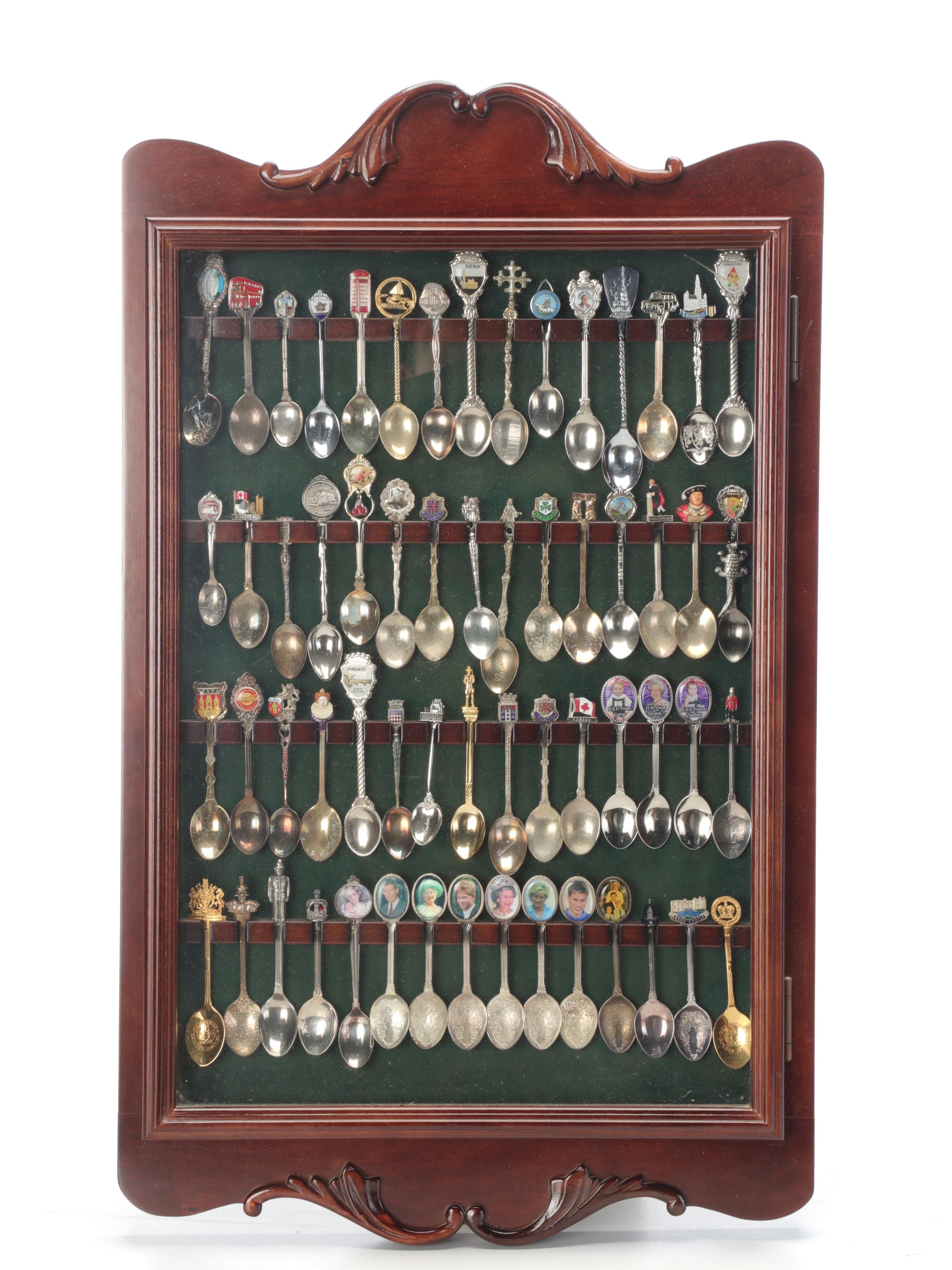 Royal Family and Travel Silver Plate, Sterling Souvenir Spoons in Display Cases