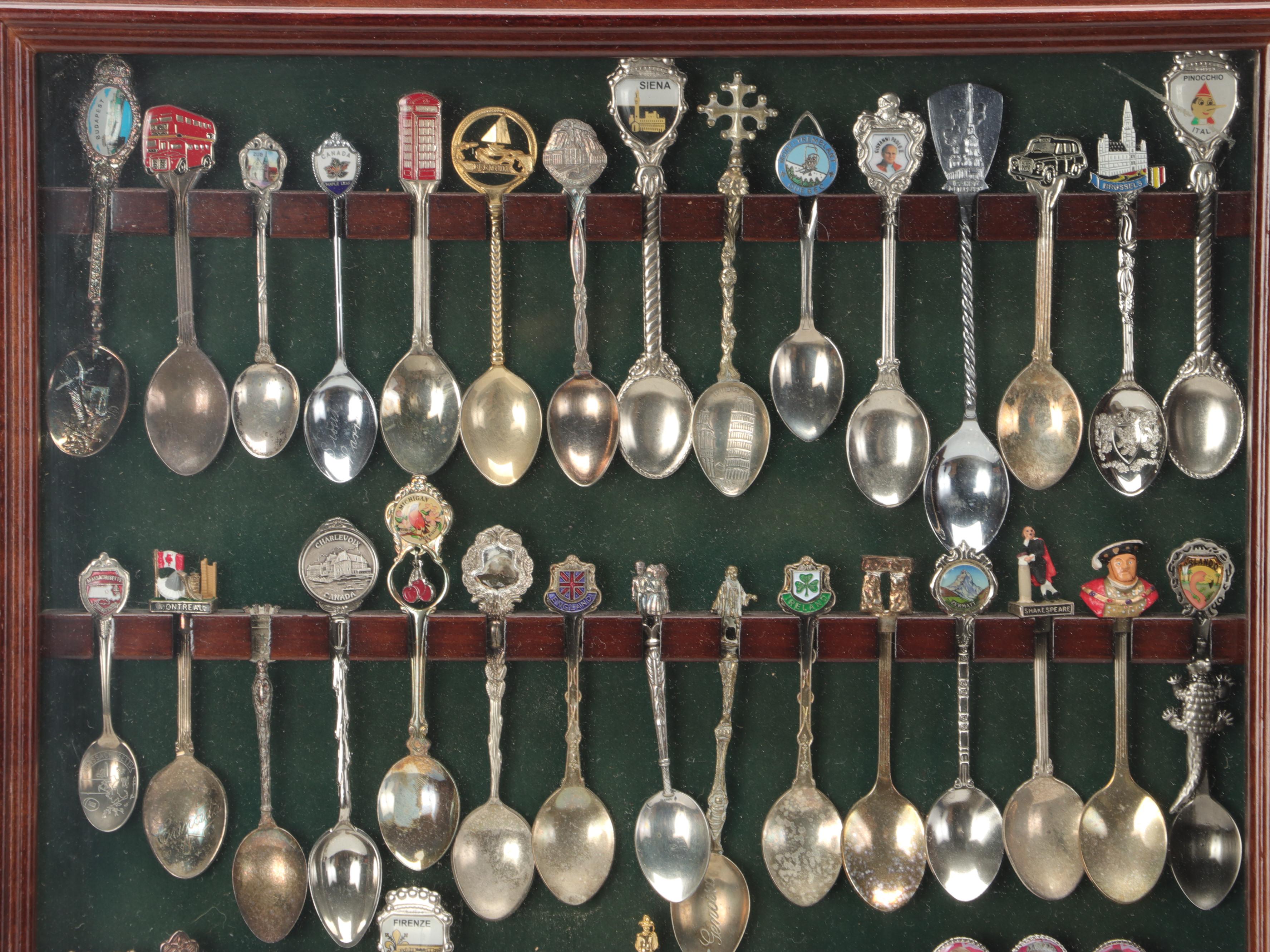Royal Family and Travel Silver Plate, Sterling Souvenir Spoons in Display Cases