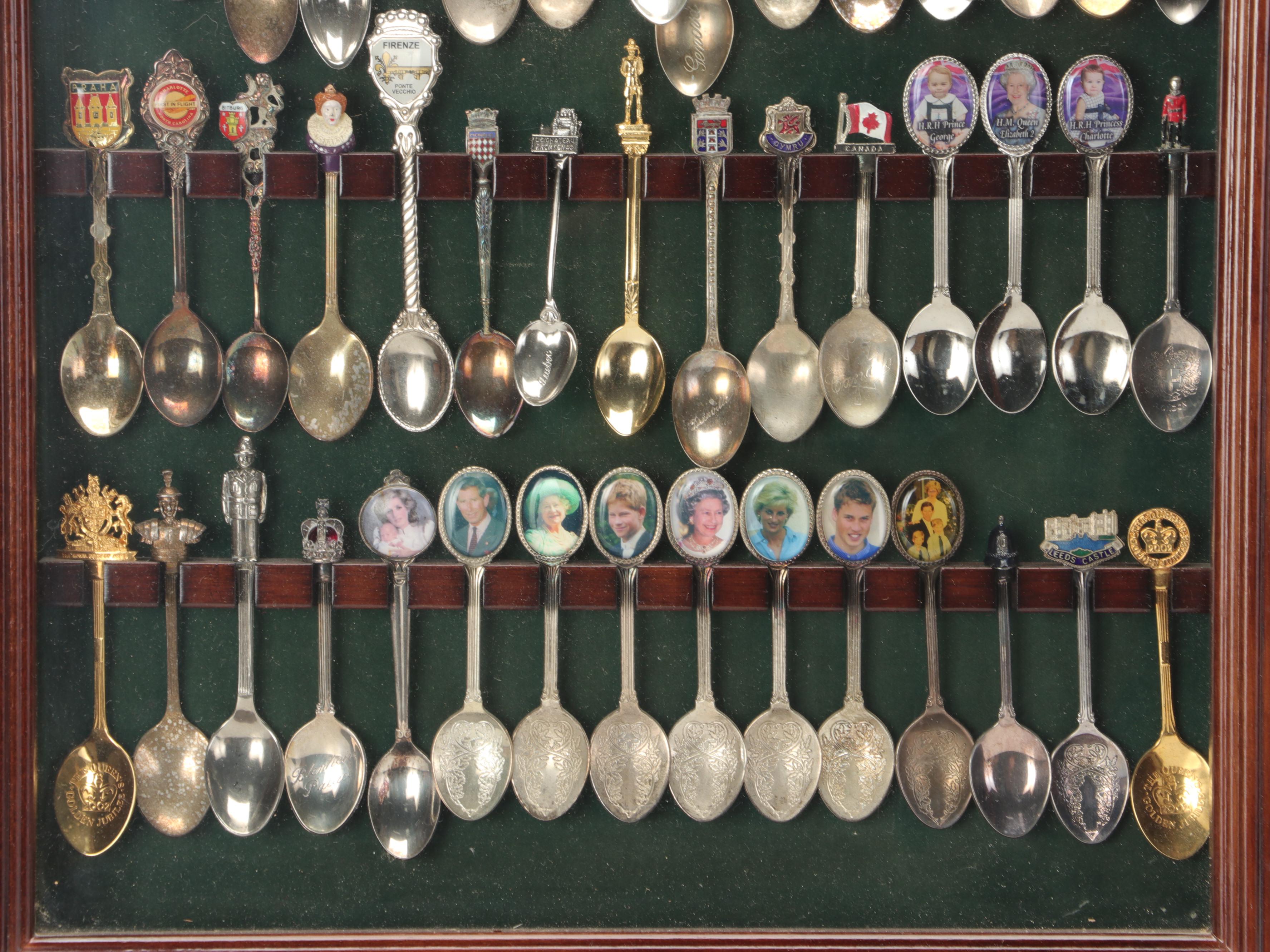 Royal Family and Travel Silver Plate, Sterling Souvenir Spoons in Display Cases