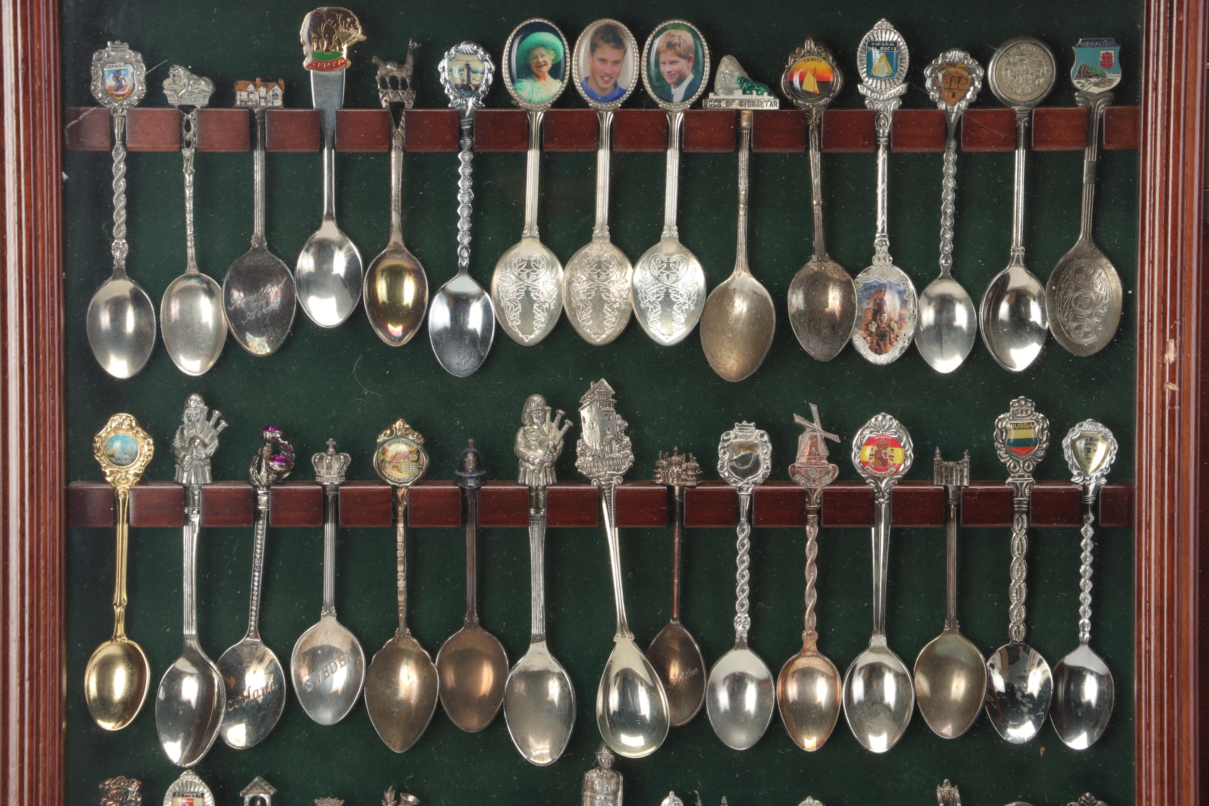 Royal Family and Travel Silver Plate, Sterling Souvenir Spoons in Display Cases