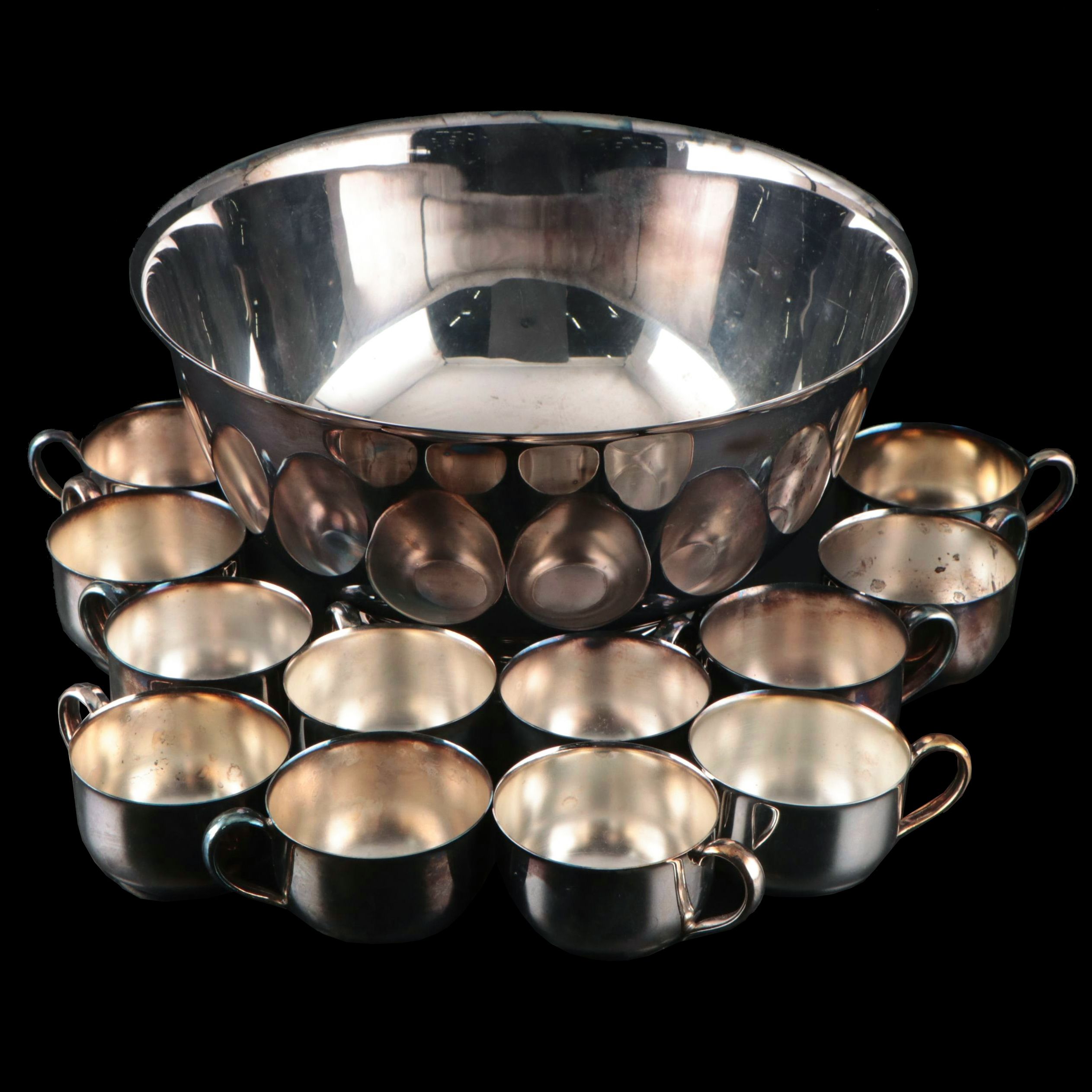 Oneida "Park Lane" Silver Plate Punch Cups and "Paul Revere" Punch Bowl