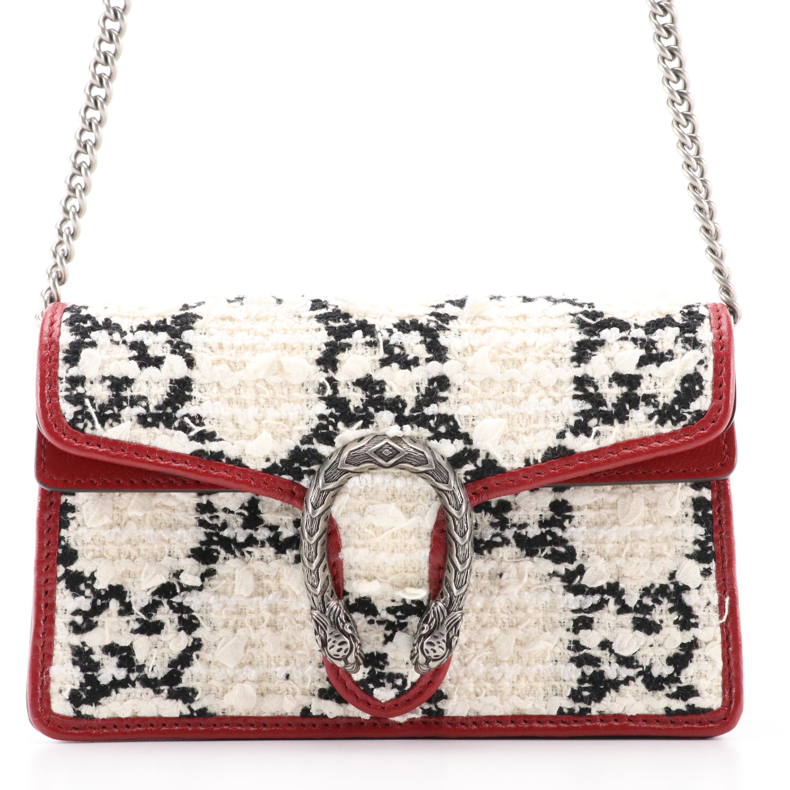 Gucci Dionysus Super Mini Crossbody Bag in B&W GG Tweed & Cherry Red Leather