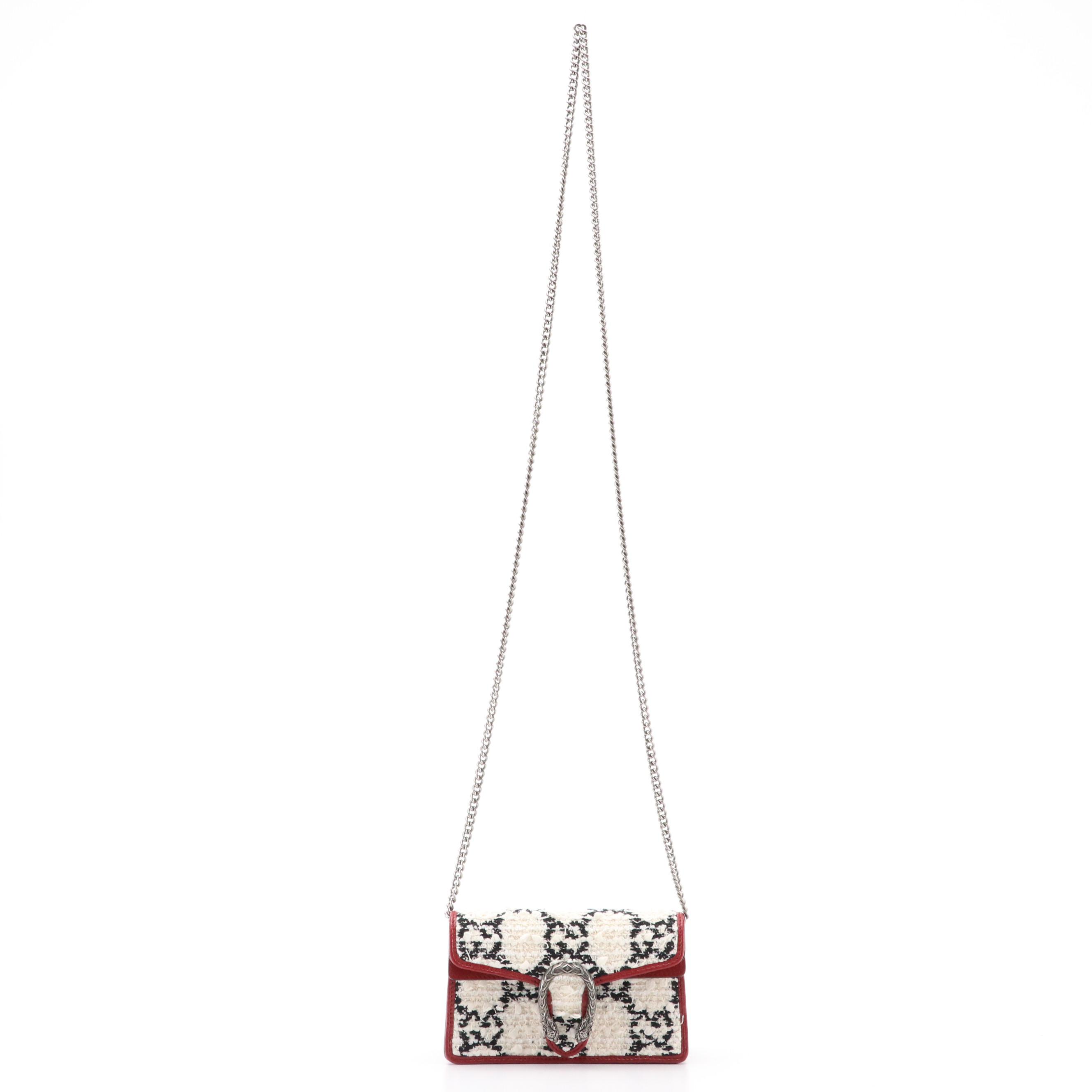 Gucci Dionysus Super Mini Crossbody Bag in B&W GG Tweed & Cherry Red Leather