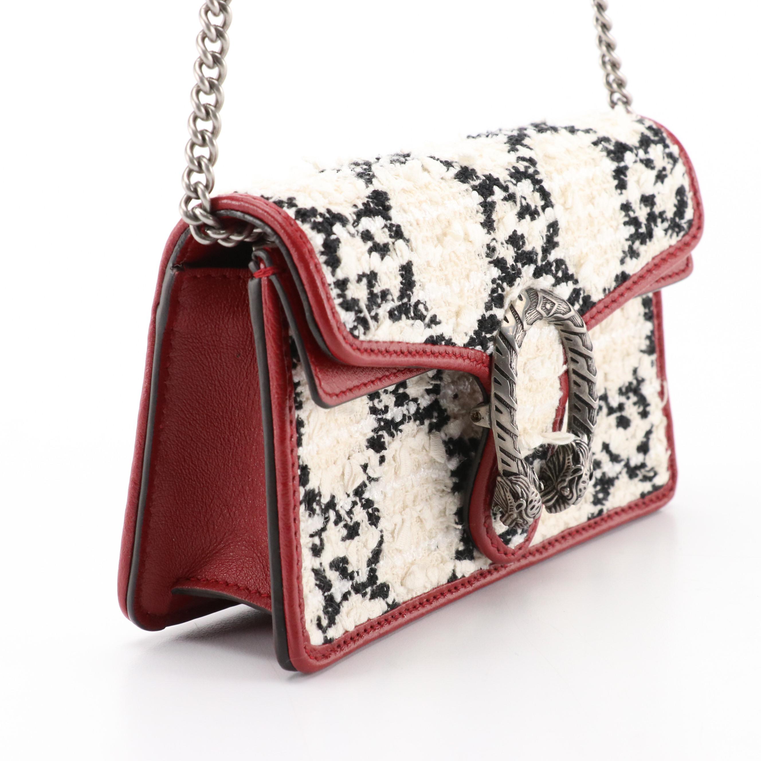 Gucci Dionysus Super Mini Crossbody Bag in B&W GG Tweed & Cherry Red Leather