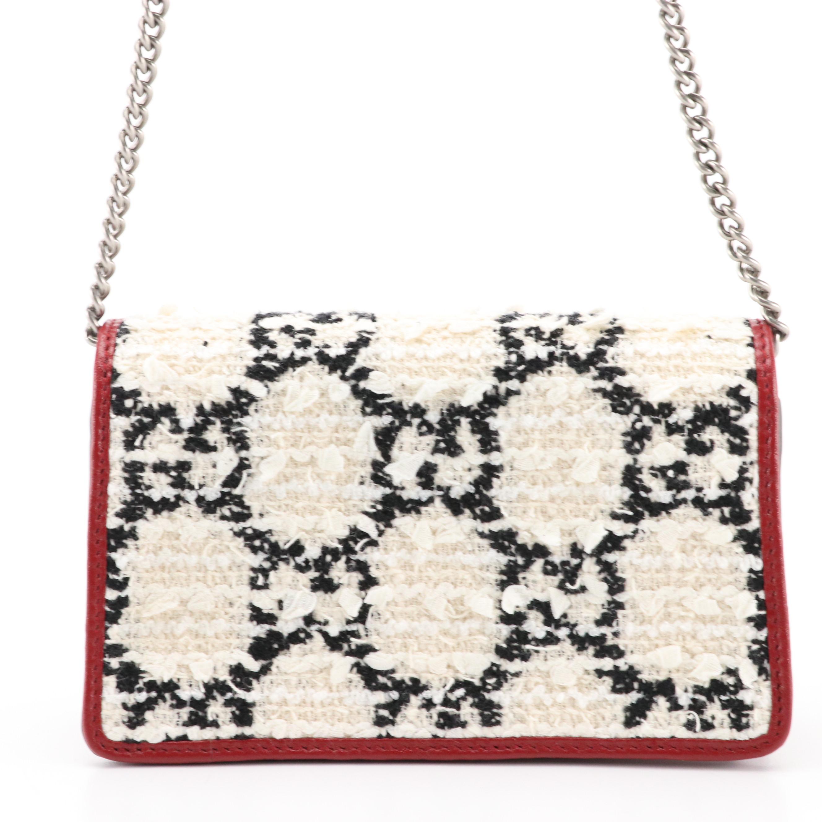 Gucci Dionysus Super Mini Crossbody Bag in B&W GG Tweed & Cherry Red Leather