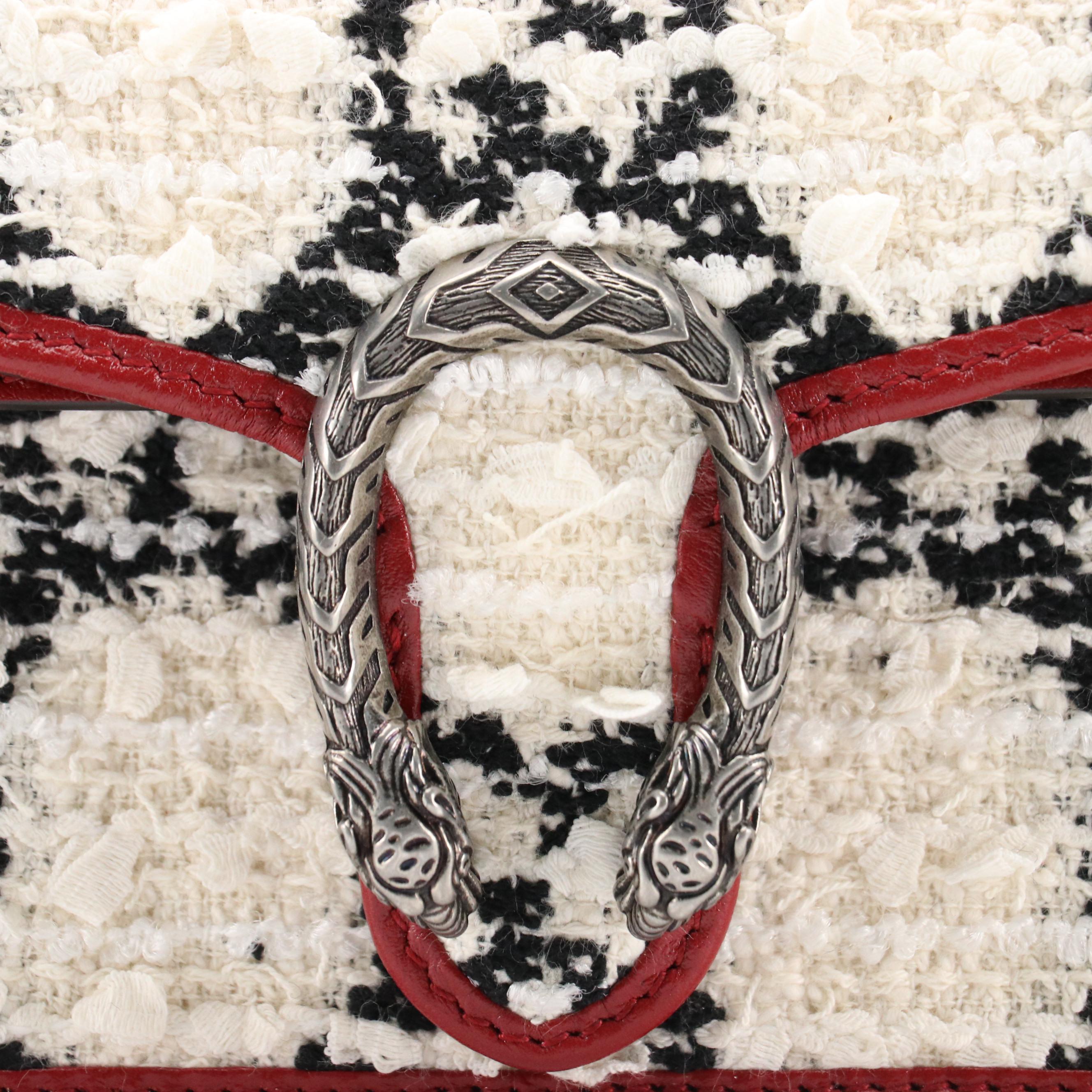 Gucci Dionysus Super Mini Crossbody Bag in B&W GG Tweed & Cherry Red Leather