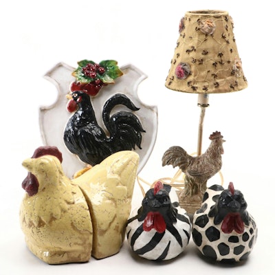 Decorative Hen Pair with Bookends, Rooster Wall Plaque and Table Lamp