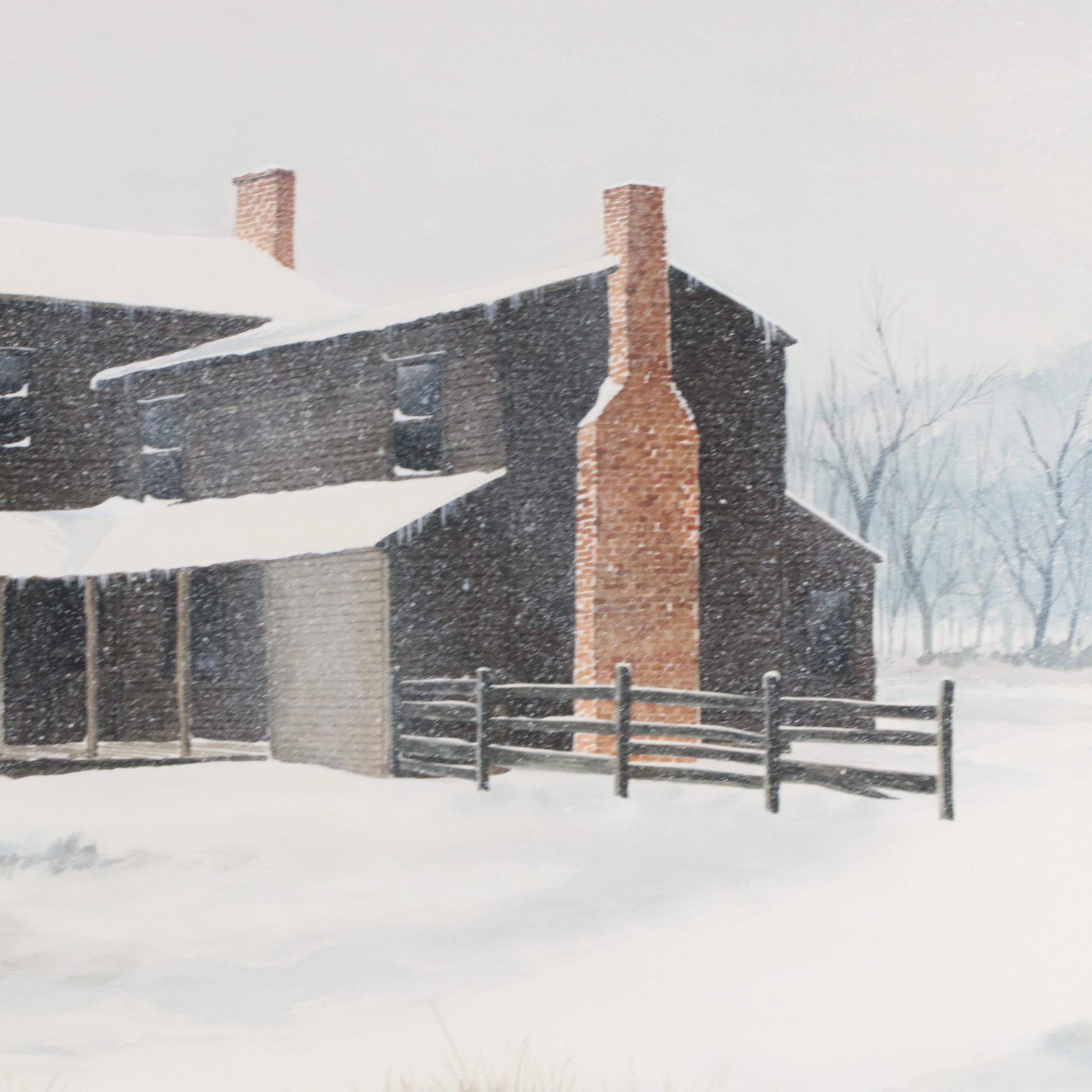 George Shumate Watercolor Painting of a Farmhouse in the Snow, Late 20th C