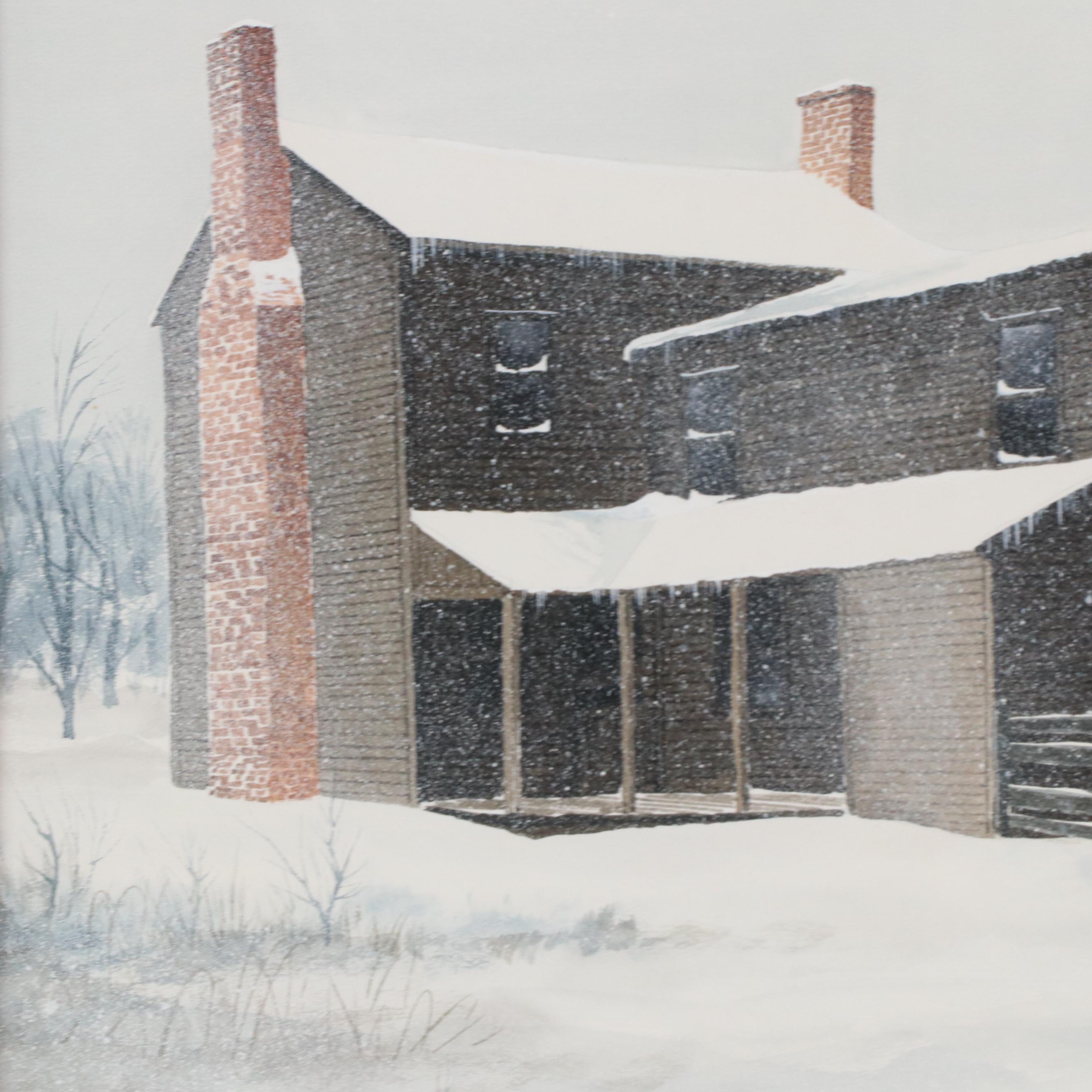 George Shumate Watercolor Painting of a Farmhouse in the Snow, Late 20th C