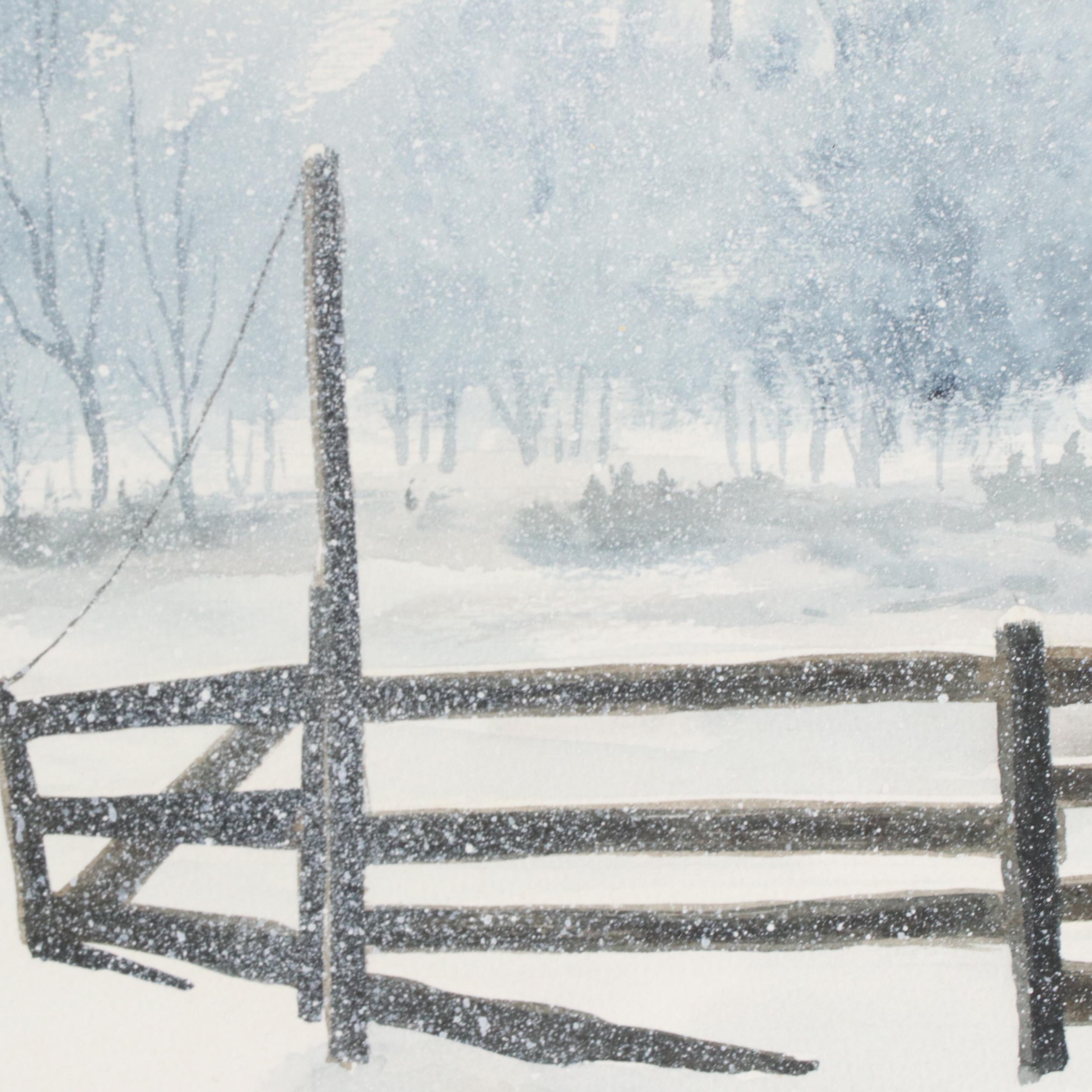 George Shumate Watercolor Painting of a Farmhouse in the Snow, Late 20th C