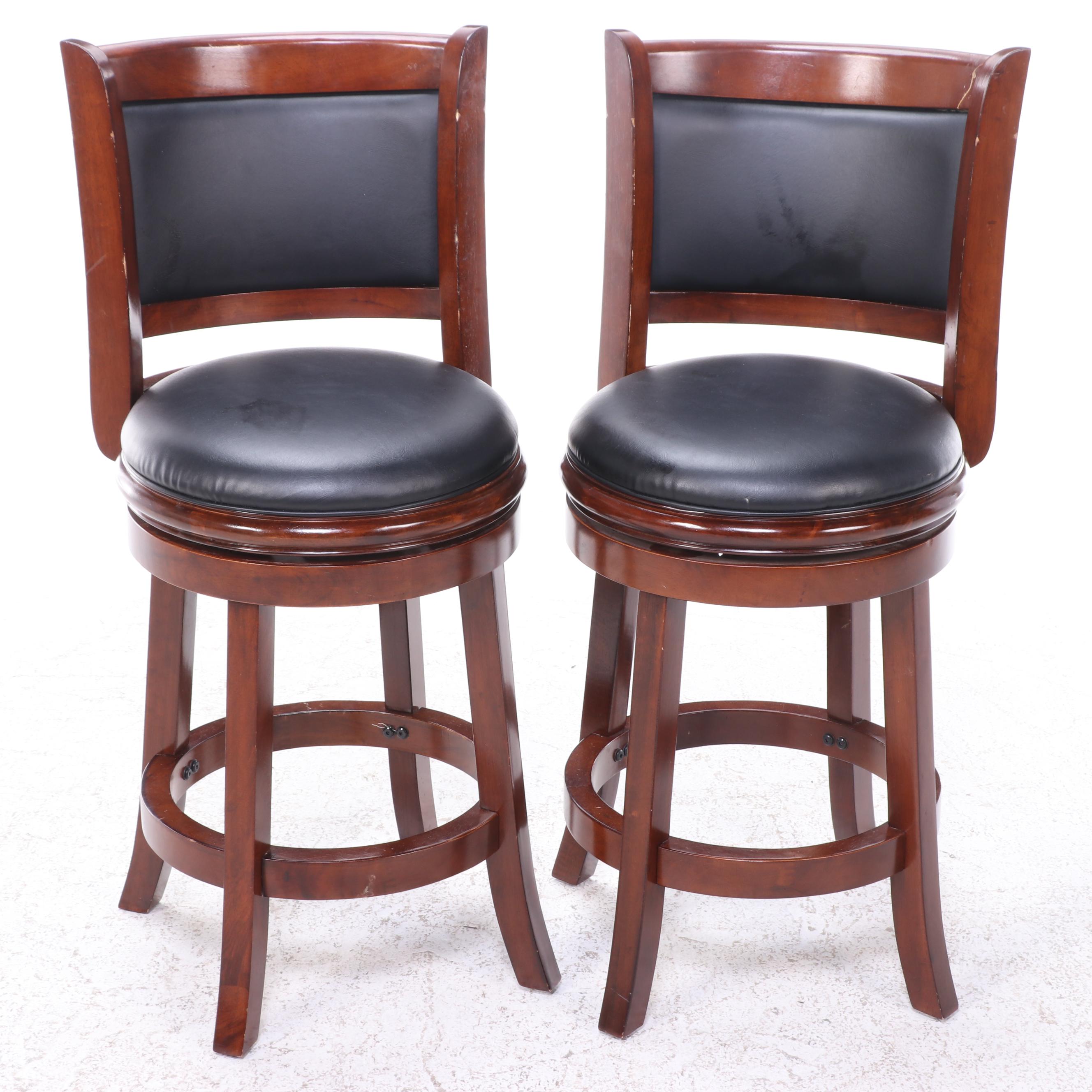 Eight Contemporary Hardwood and Faux Leather Swivel Seat Counter Stools