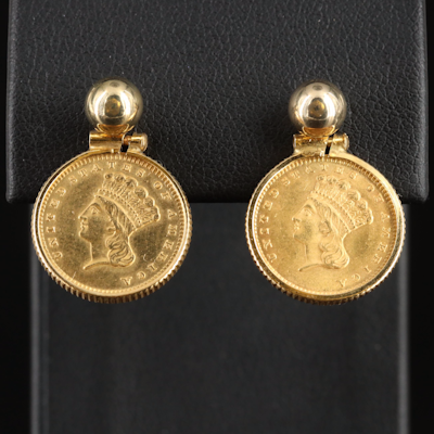 Earrings with 1858 Indian Princess Head Gold Dollars
