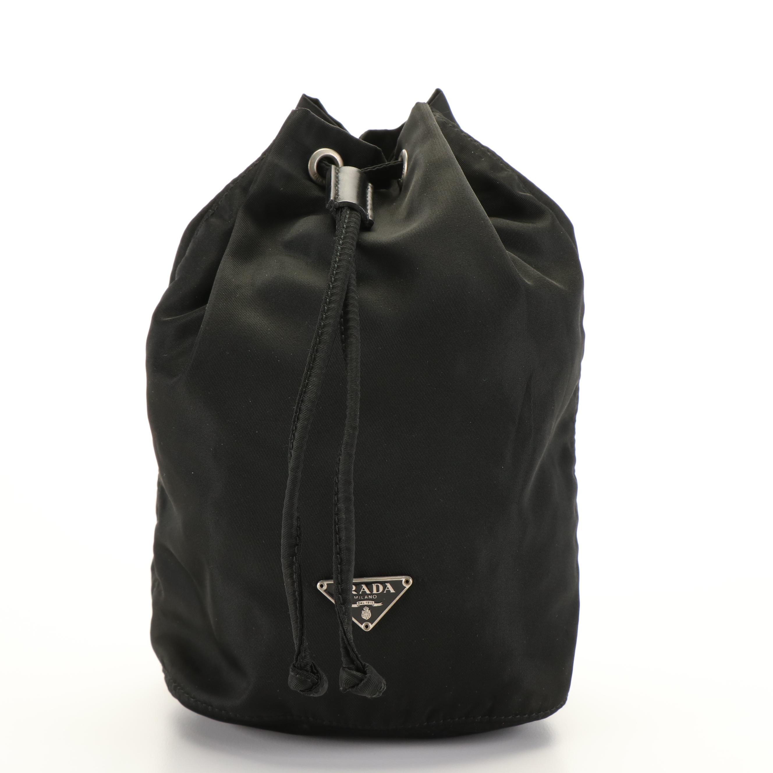 Prada Vela  Triangle Logo Drawstring Pouch in Black Nylon
