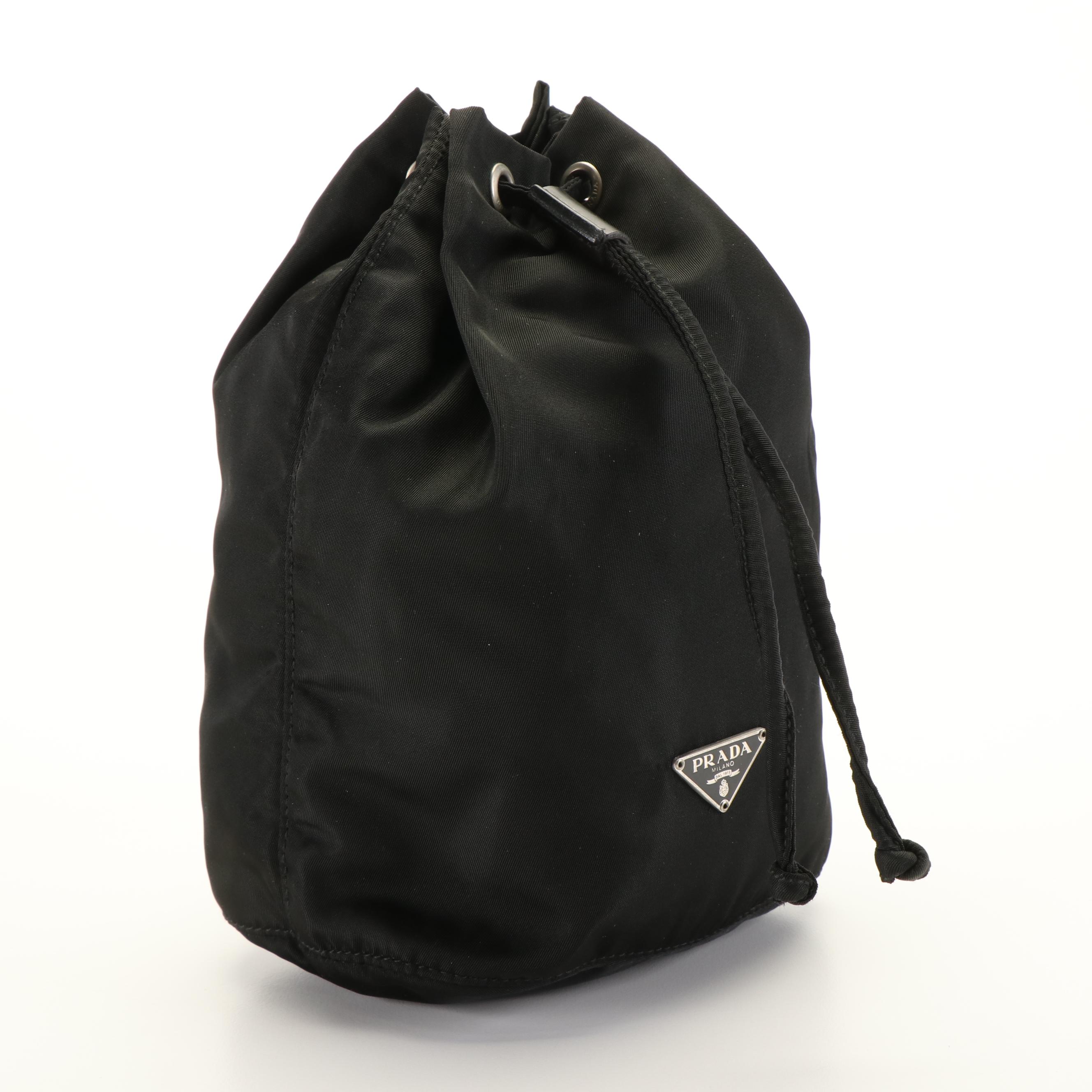 Prada Vela  Triangle Logo Drawstring Pouch in Black Nylon