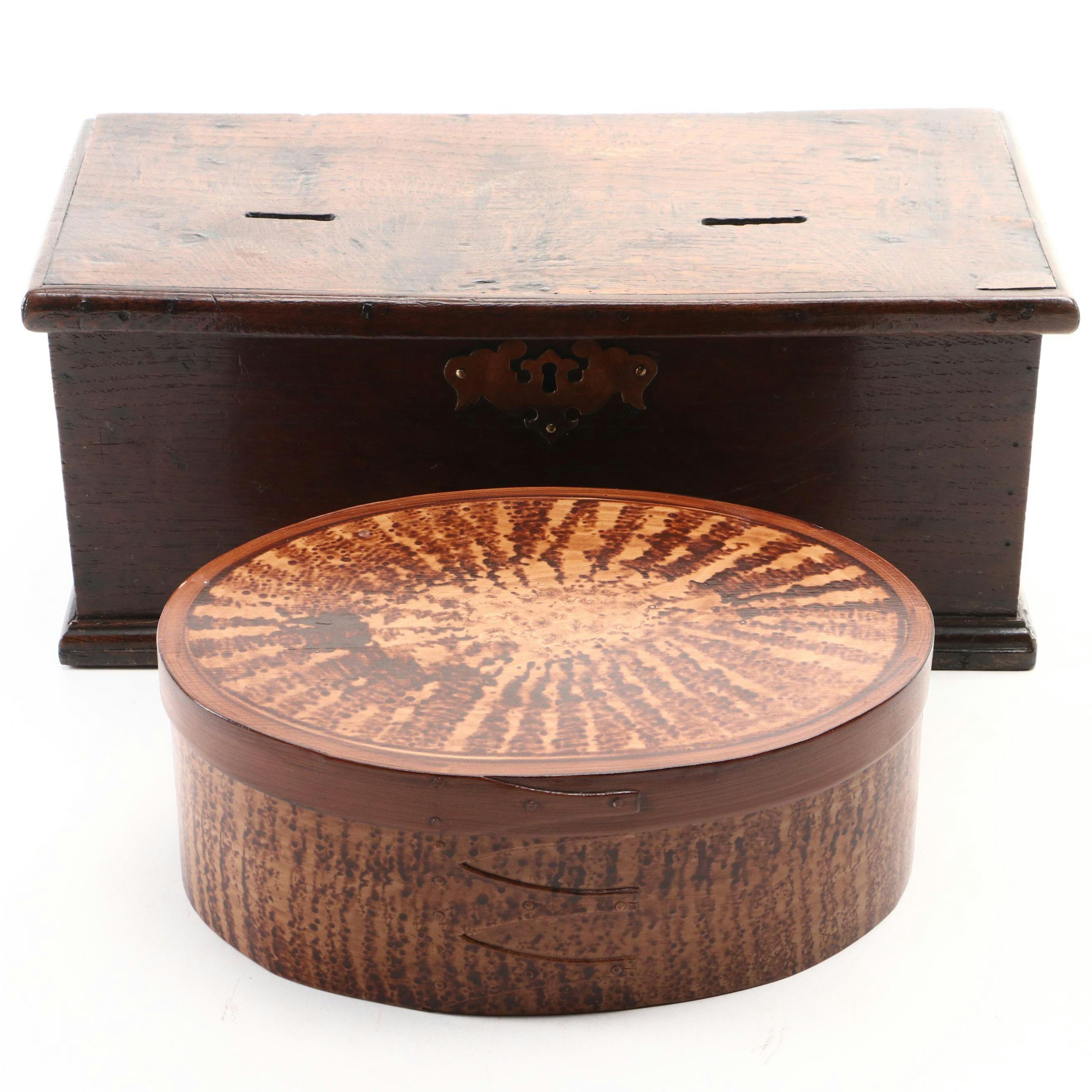 Pyrography Finish Wooden Shaker Style Box and Other Oak Lidded Box