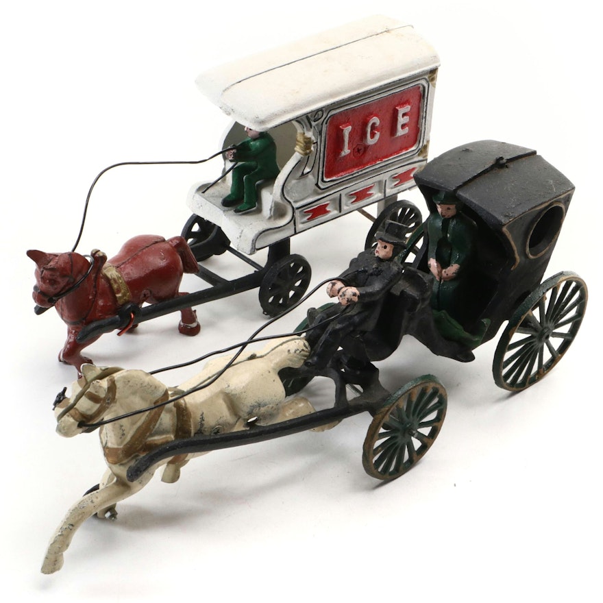 Painted Cast Iron Horse Drawn Ice Delivery Cart and Carriage