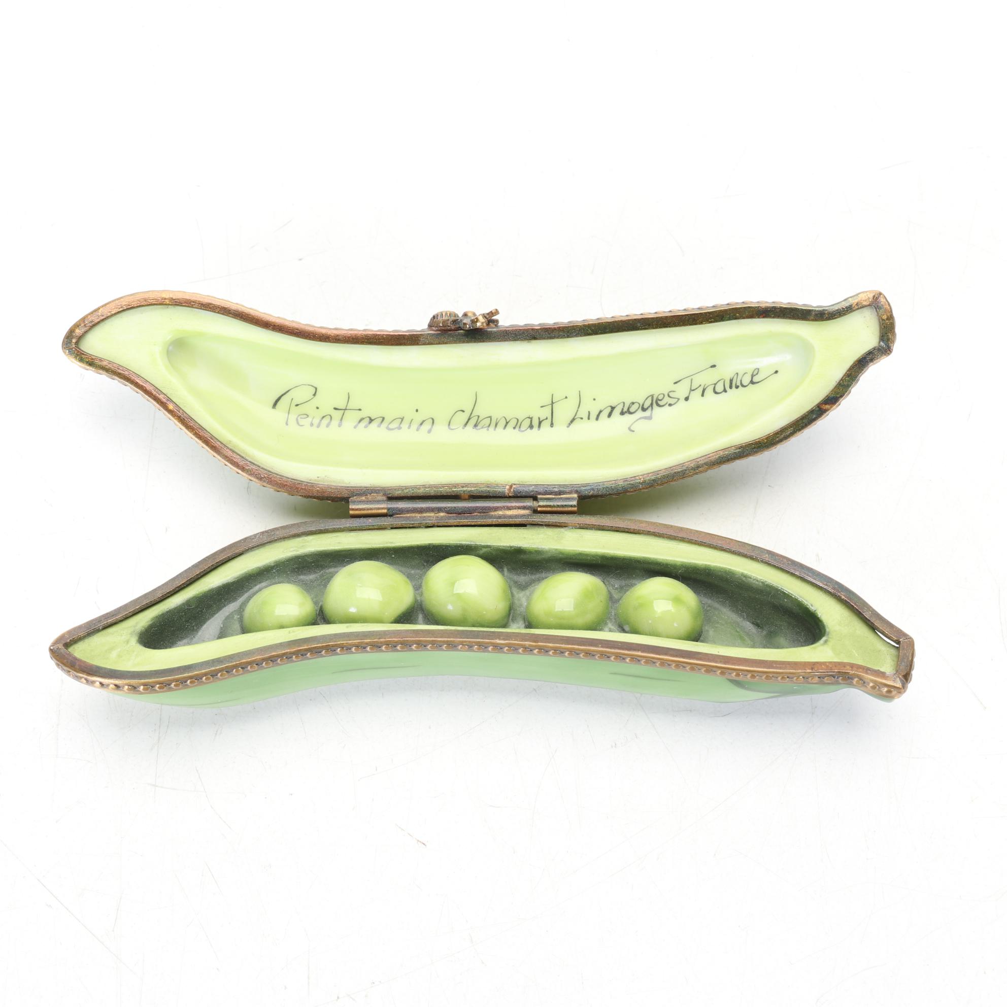 Chamart Hand Painted Limoges Pea Pod Box With Peas Inside
