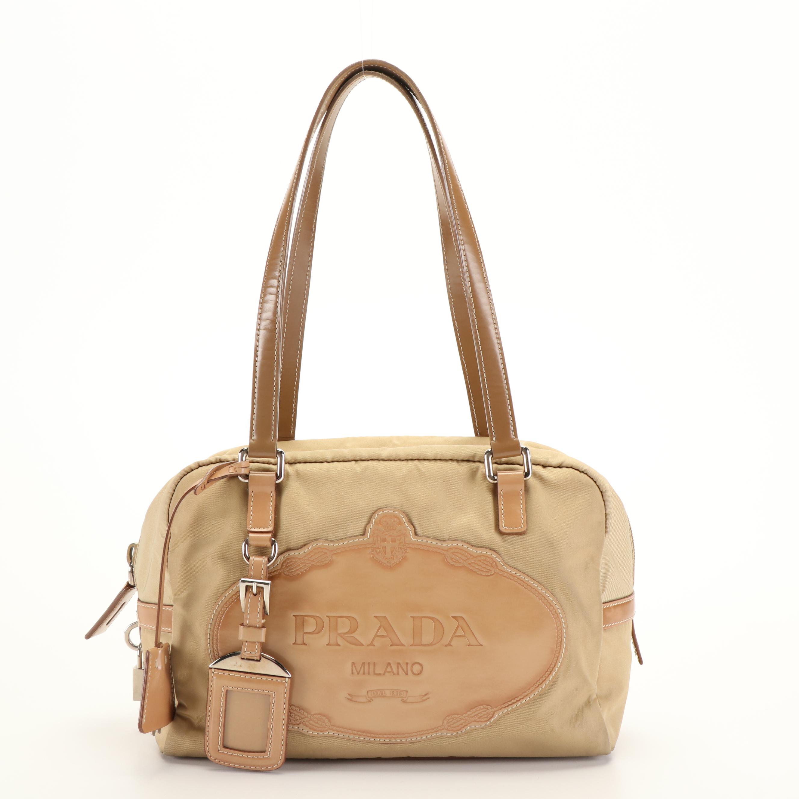 Prada Canapa Logo Boston Bag in Beige Tessuto Nylon