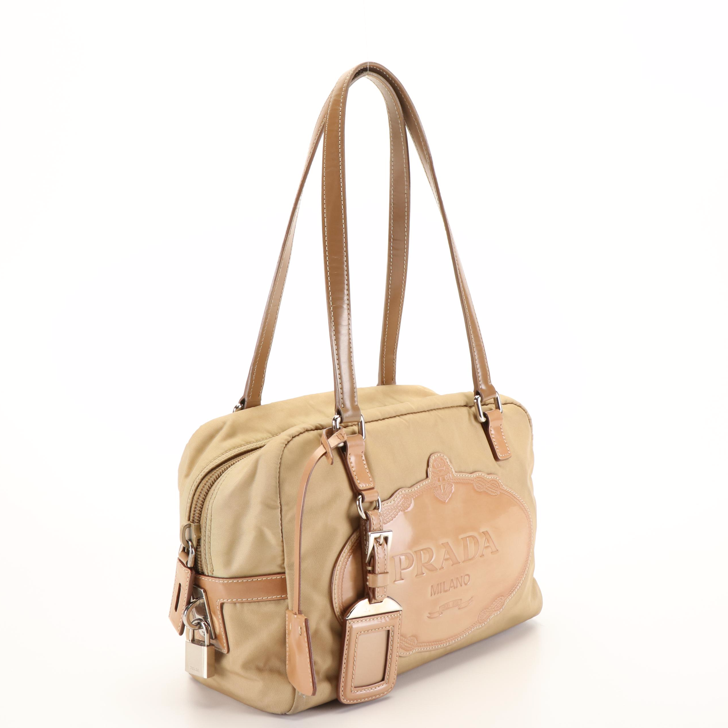 Prada Canapa Logo Boston Bag in Beige Tessuto Nylon