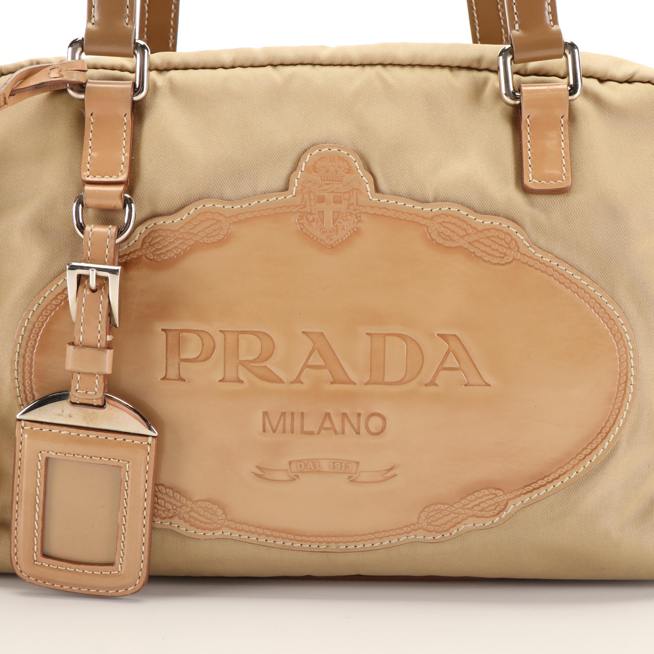 Prada Canapa Logo Boston Bag in Beige Tessuto Nylon
