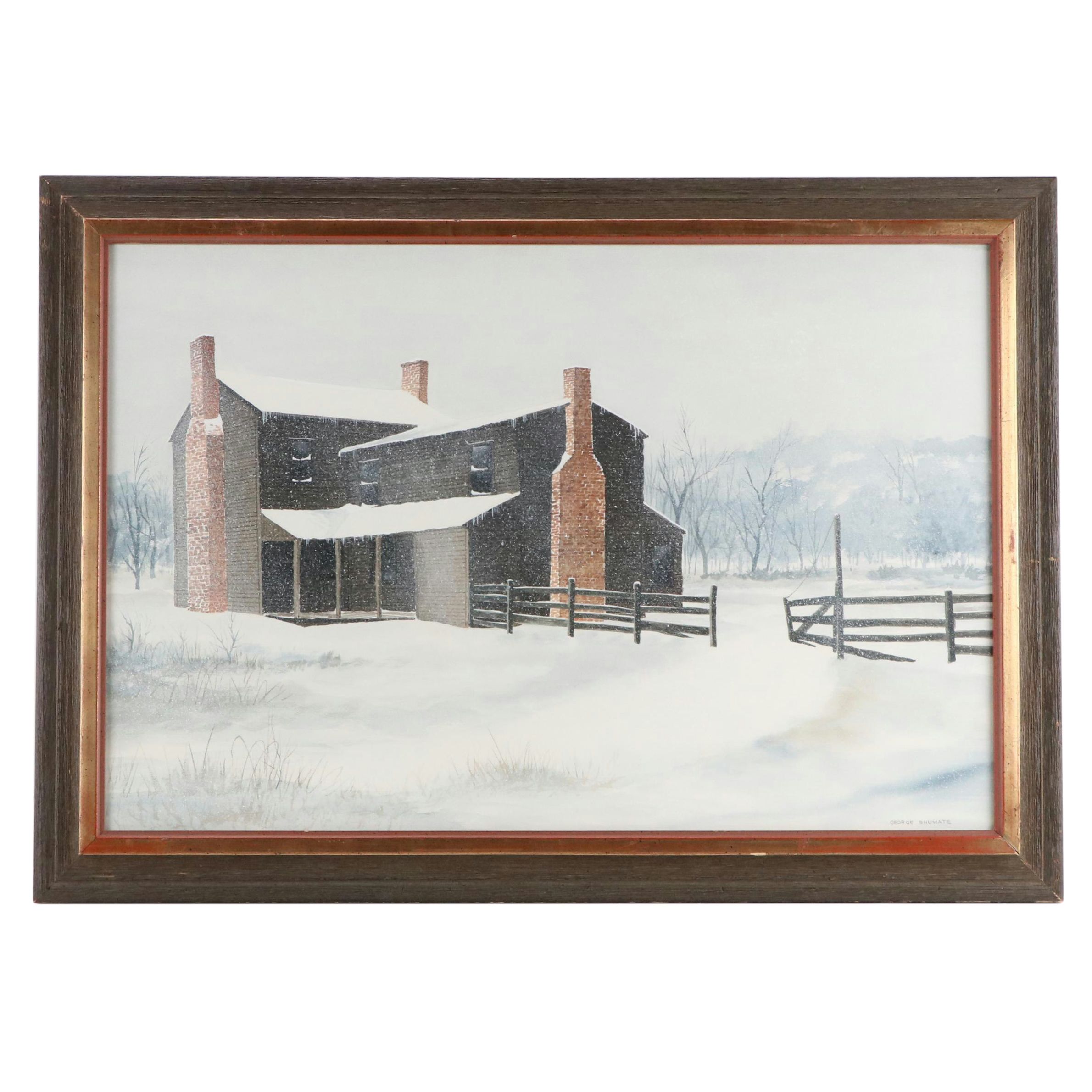 George Shumate Watercolor Painting of a Farmhouse in the Snow, Late 20th C