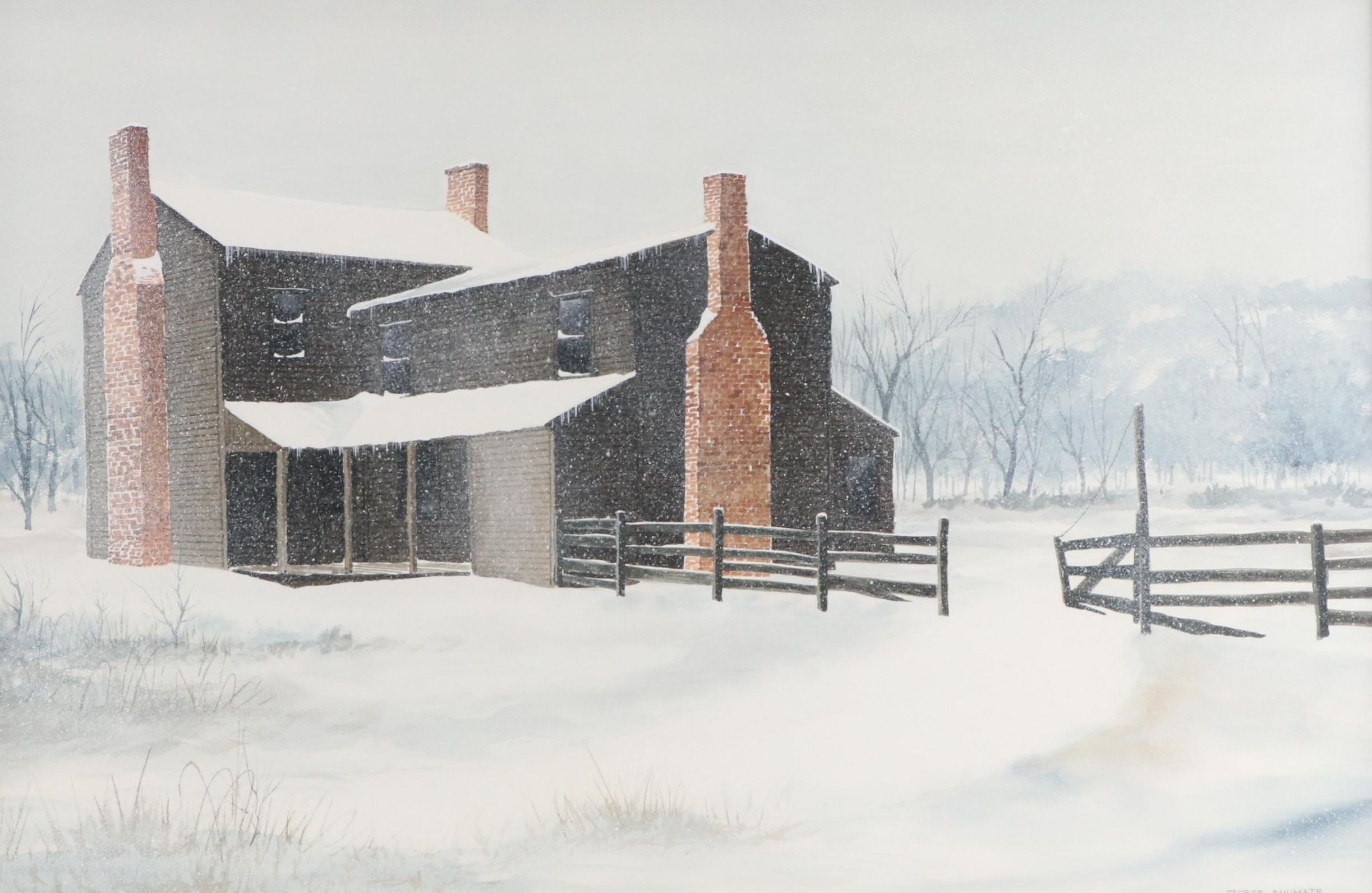 George Shumate Watercolor Painting of a Farmhouse in the Snow, Late 20th C