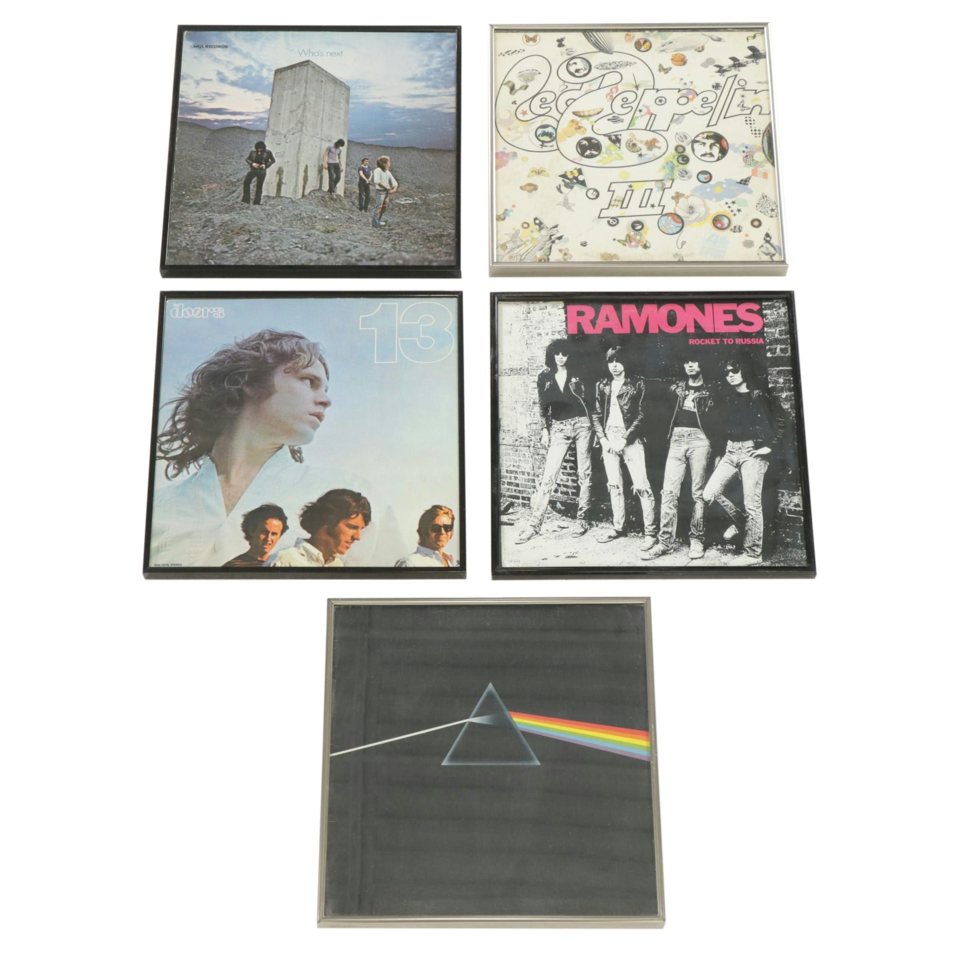 Five Framed Classic Rock Album Covers Including The Who, The Doors, Ramones