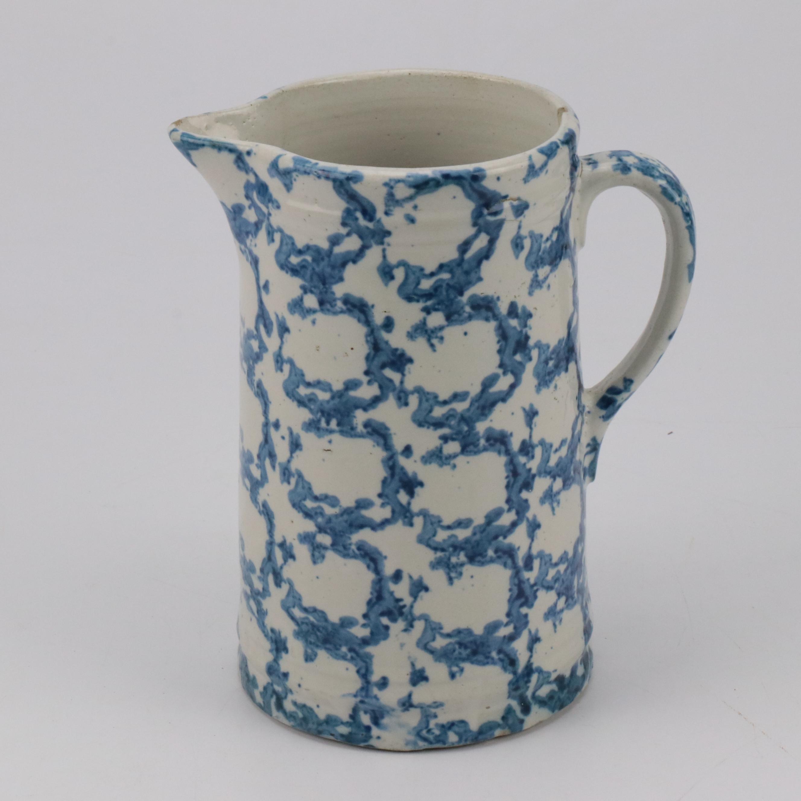 Blue and White Spongeware Pitcher, Late 19th/ Early 20th Century EBTH
