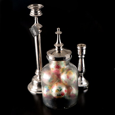 Capiz Shell Ornaments, Mercury Glass Candlestick, Covered Glass Jar and More