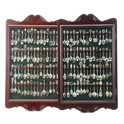 Silver Plate and Other Metal Souvenir Spoons Framed in Shadow Boxes