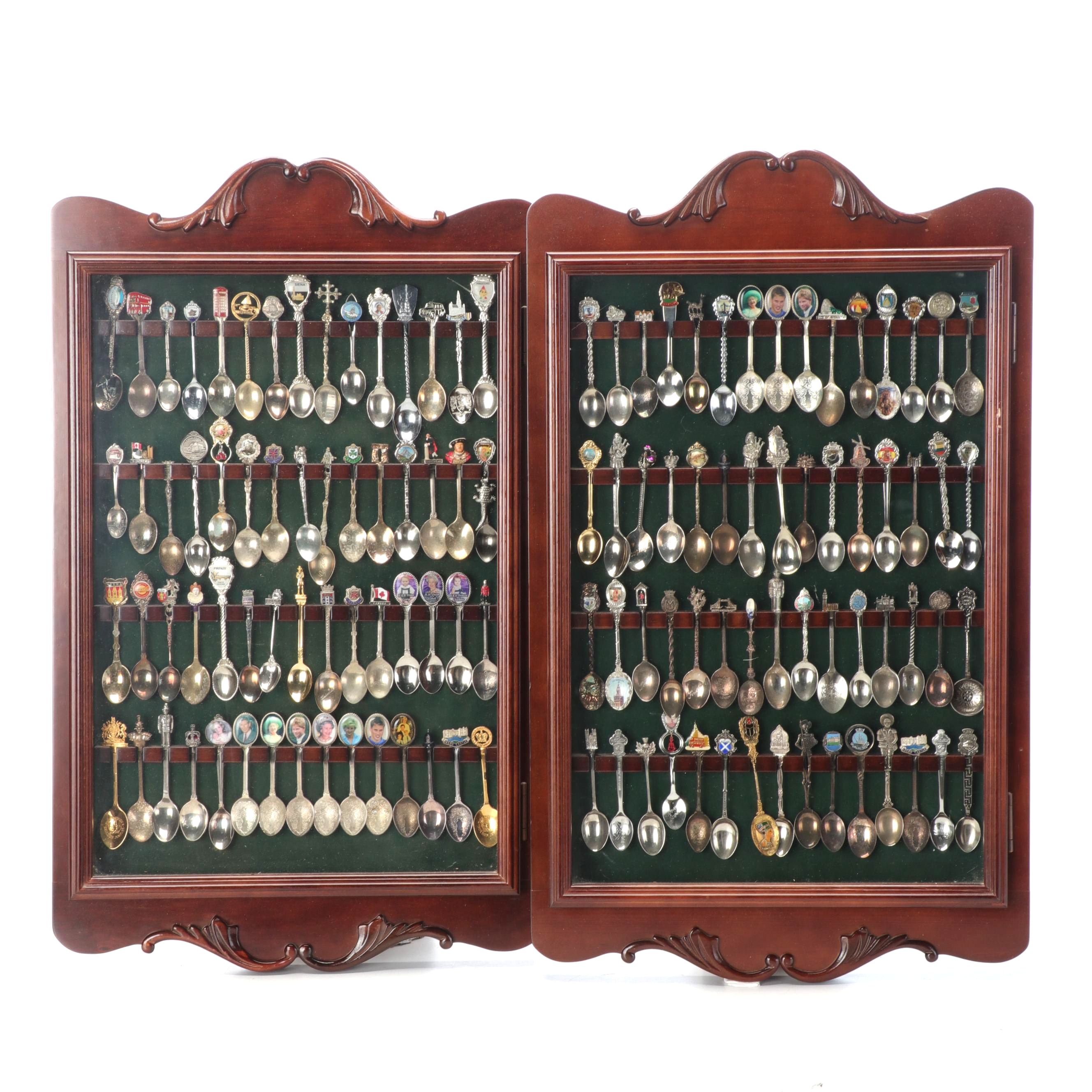 Royal Family and Travel Silver Plate, Sterling Souvenir Spoons in Display Cases