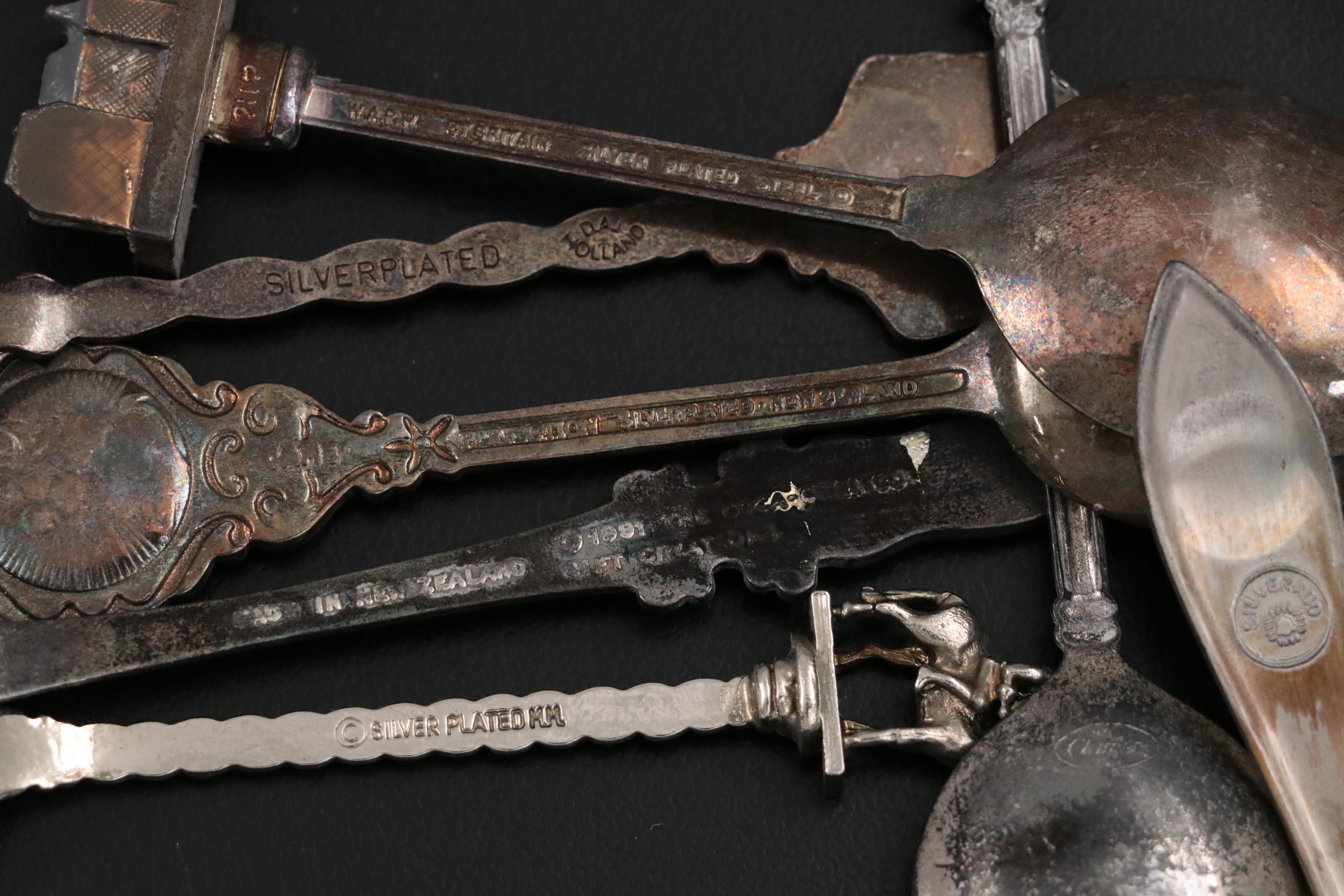 Silver Plate and Other Metal Souvenir Spoons Framed in Shadow Boxes