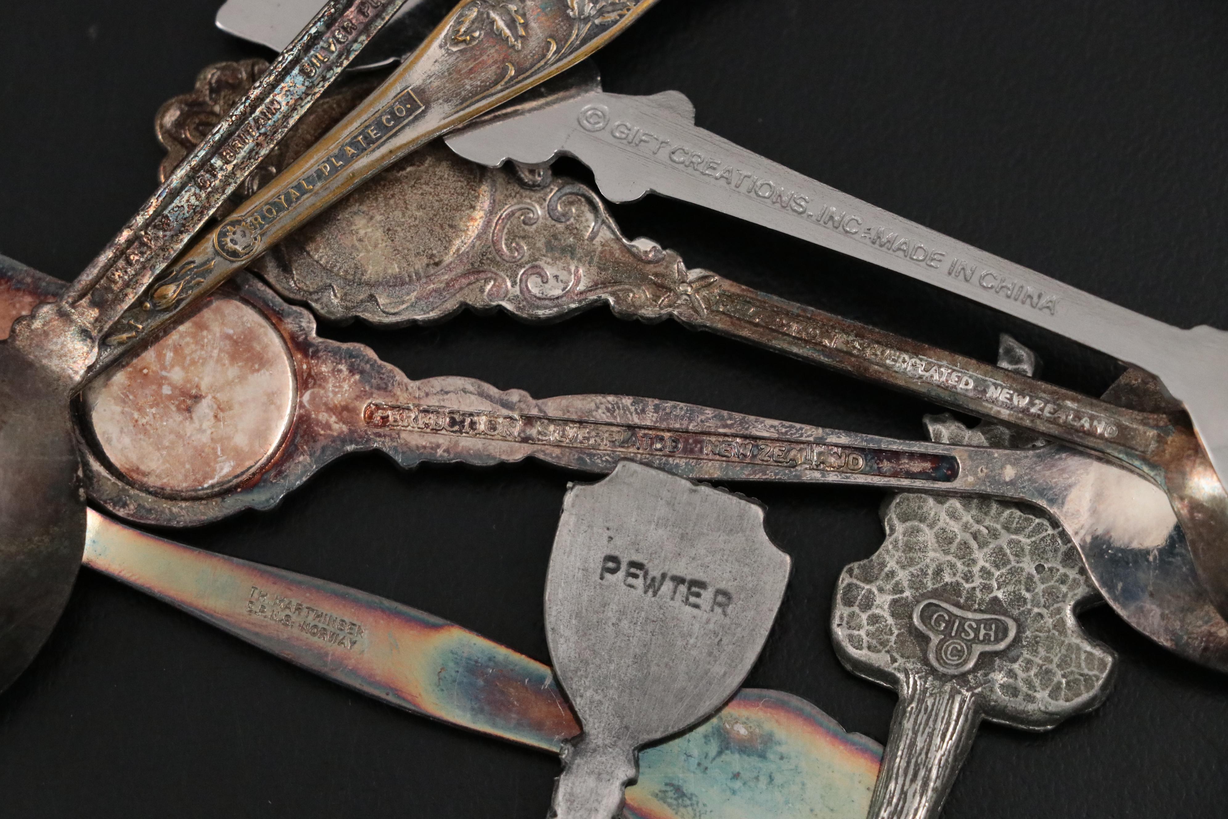 Silver Plate and Other Metal Souvenir Spoons Framed in Shadow Boxes