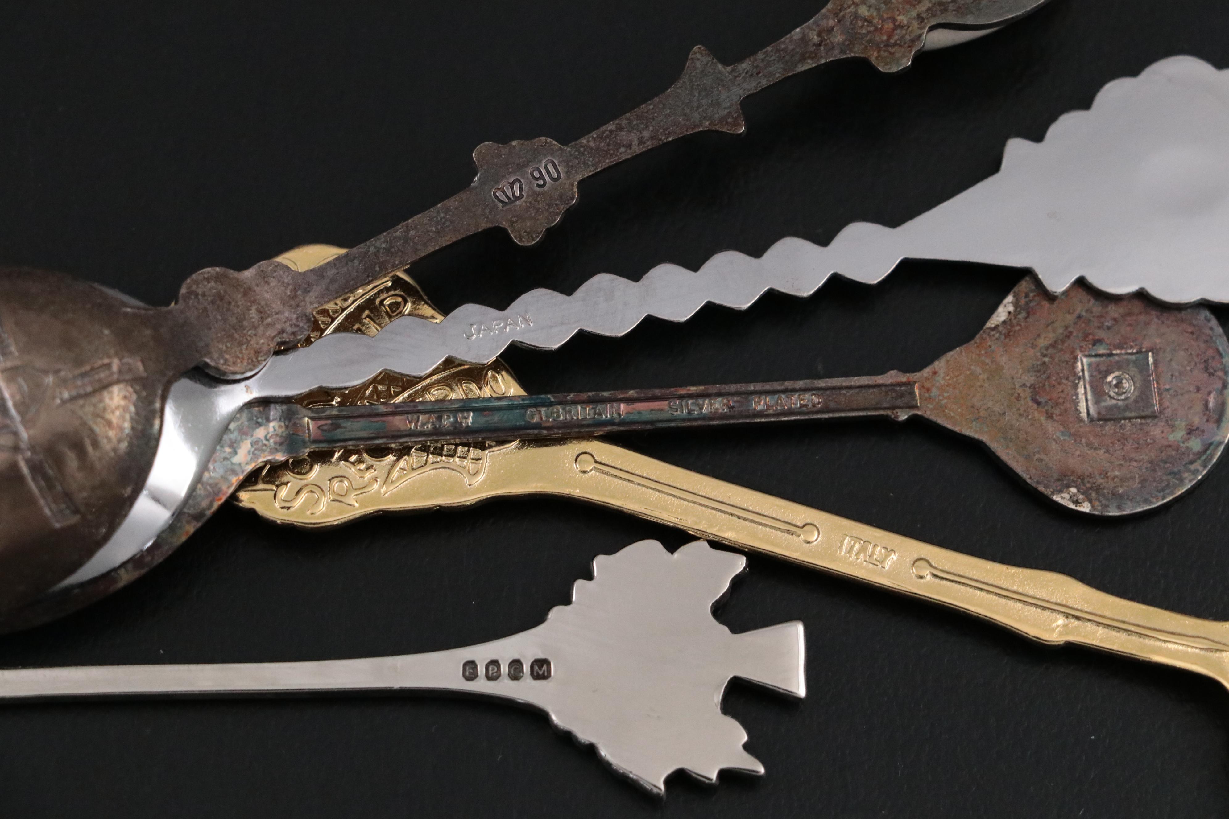 Royal Family and Travel Silver Plate, Sterling Souvenir Spoons in Display Cases