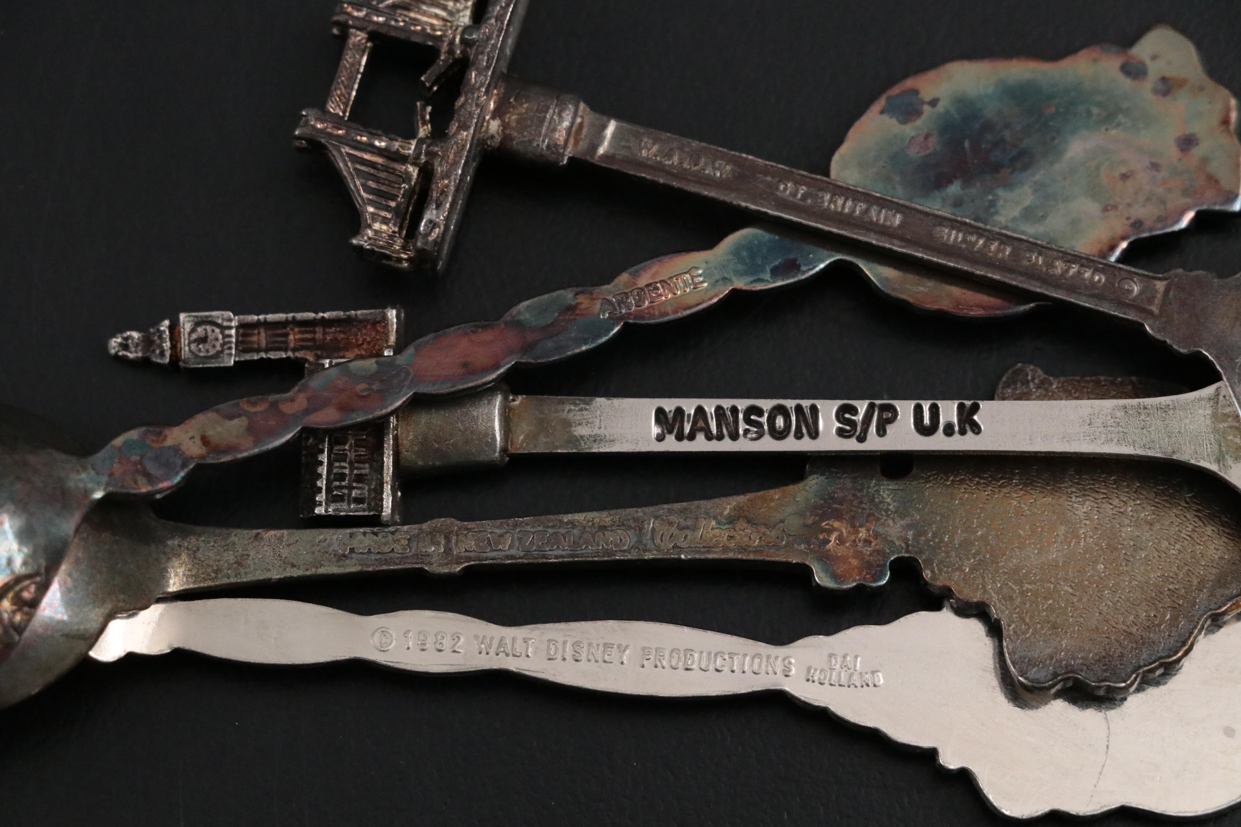 Royal Family and Travel Silver Plate, Sterling Souvenir Spoons in Display Cases