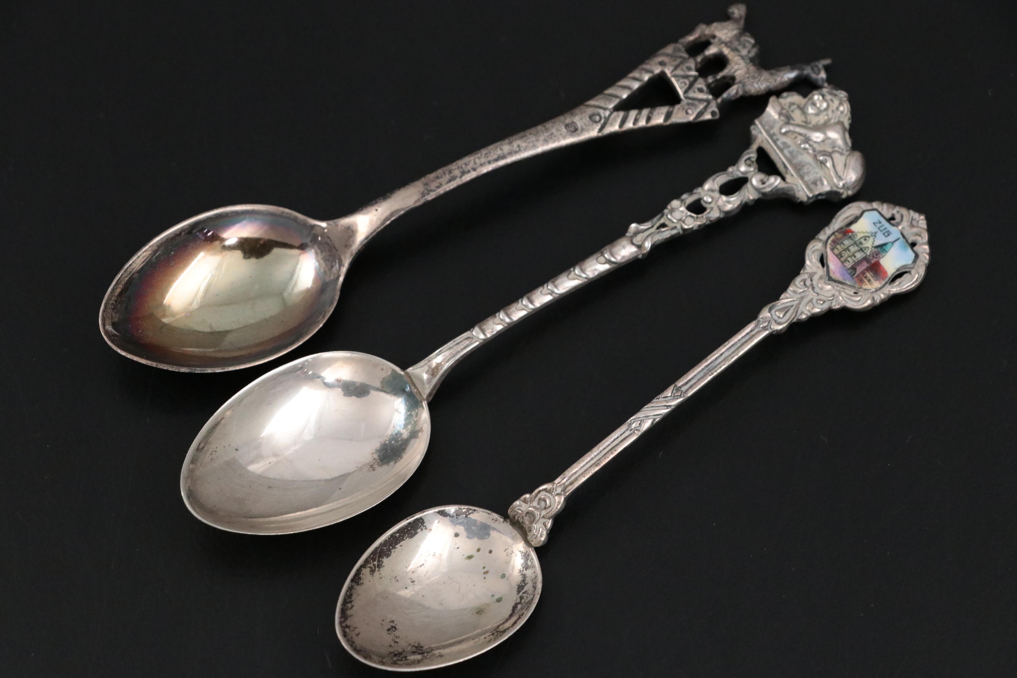 Royal Family and Travel Silver Plate, Sterling Souvenir Spoons in Display Cases