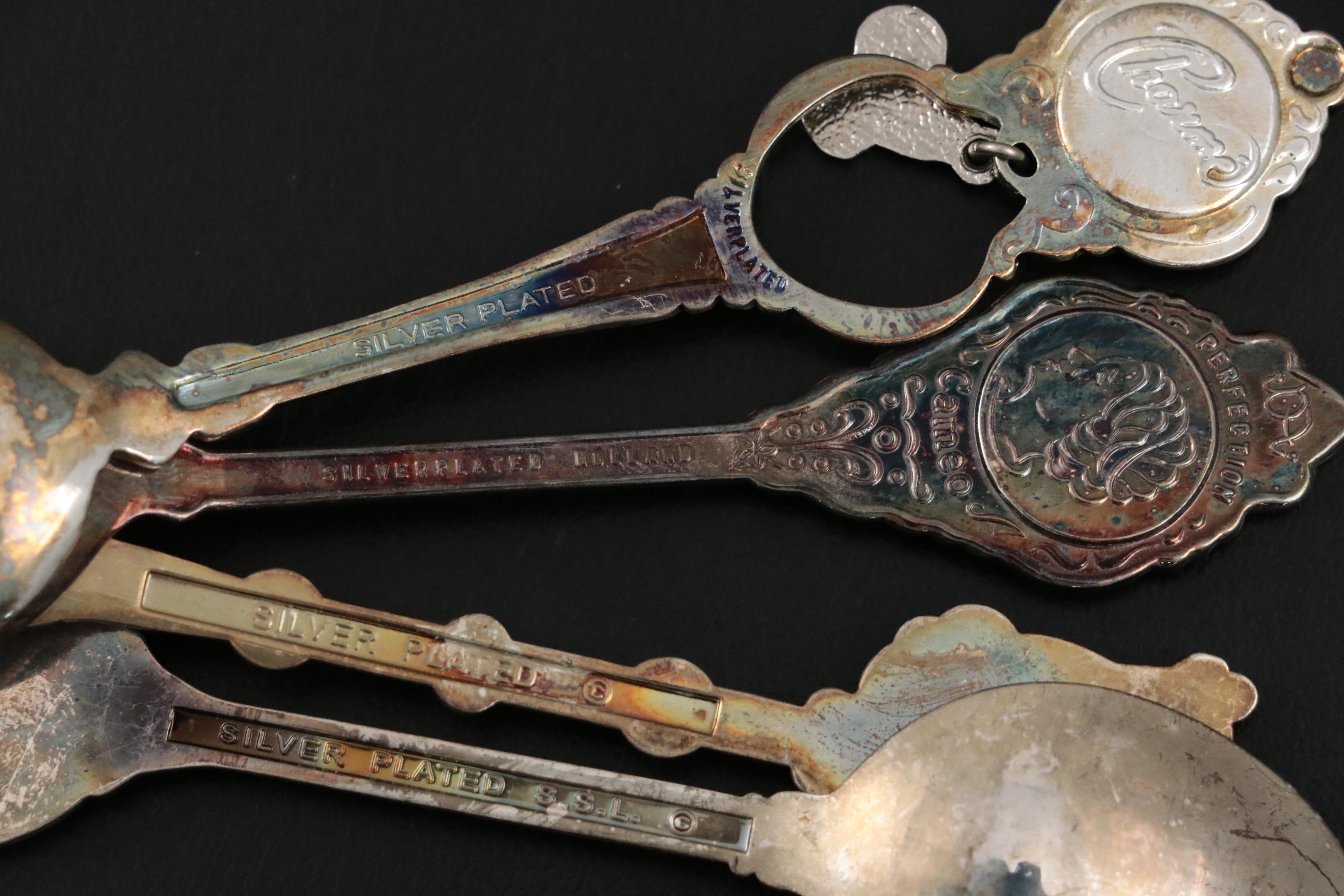 Royal Family and Travel Silver Plate, Sterling Souvenir Spoons in Display Cases