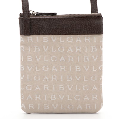 BVLGARI Logo Mania Crossbody Bag in Beige Canvas and Brown Leather