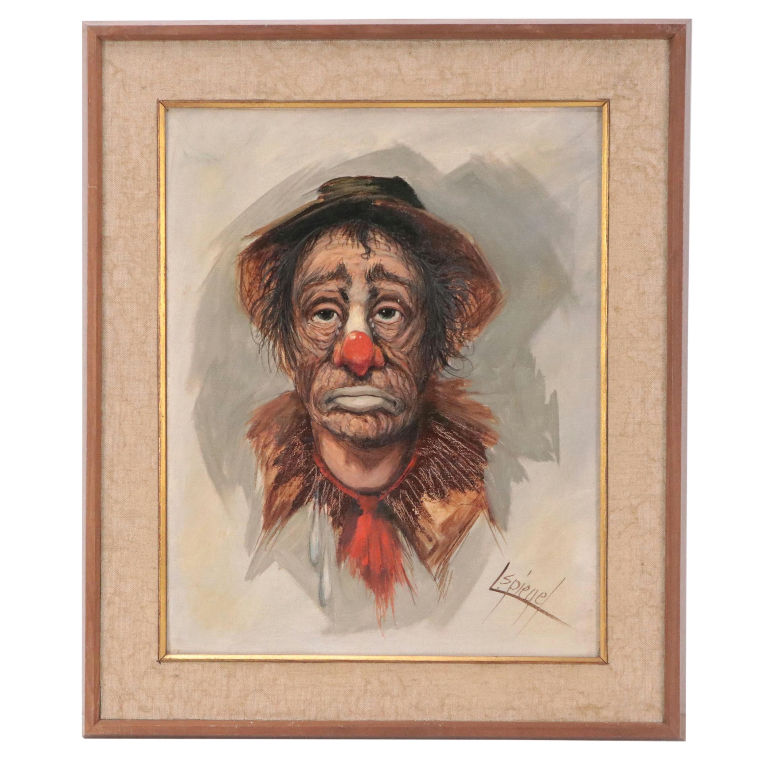 Louis Spiegel Oil Painting Portrait of Clown, 1965