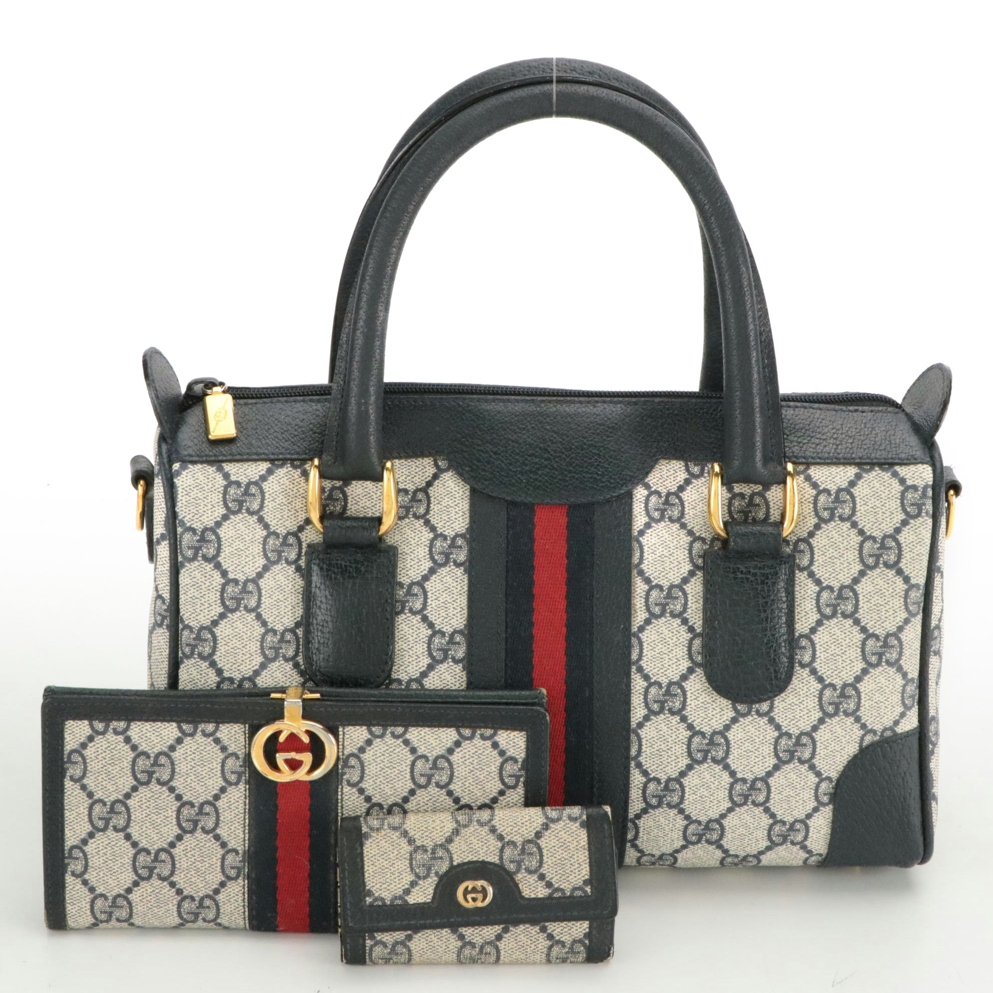 Gucci Web Stripe Supreme Canvas and Leather Boston Bag with Wallet & Key Holder