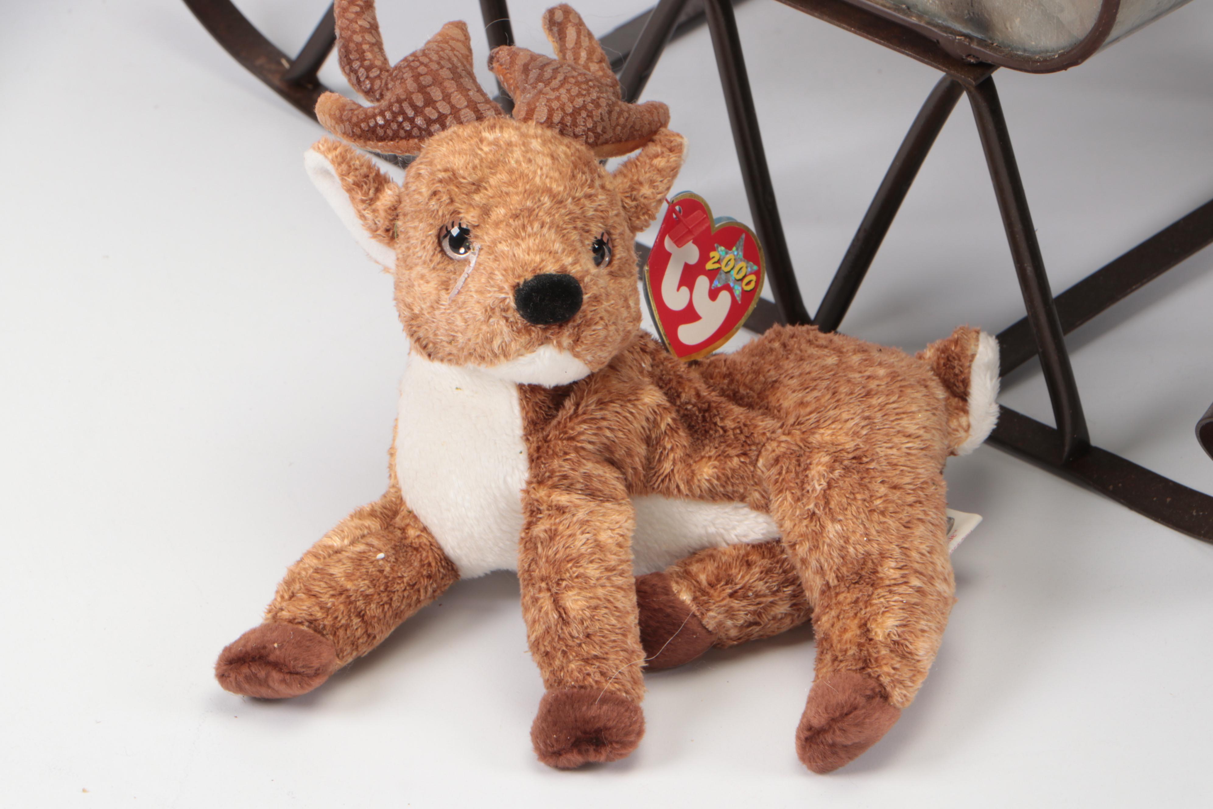 Contemporary Santa Claus Figures and Sleigh with Ty Reindeer Beanie Baby