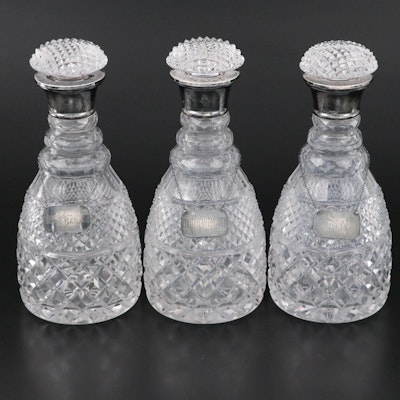 English Cut Glass Decanters with Sterling Silver Rims and Decanter Tags, 1930s