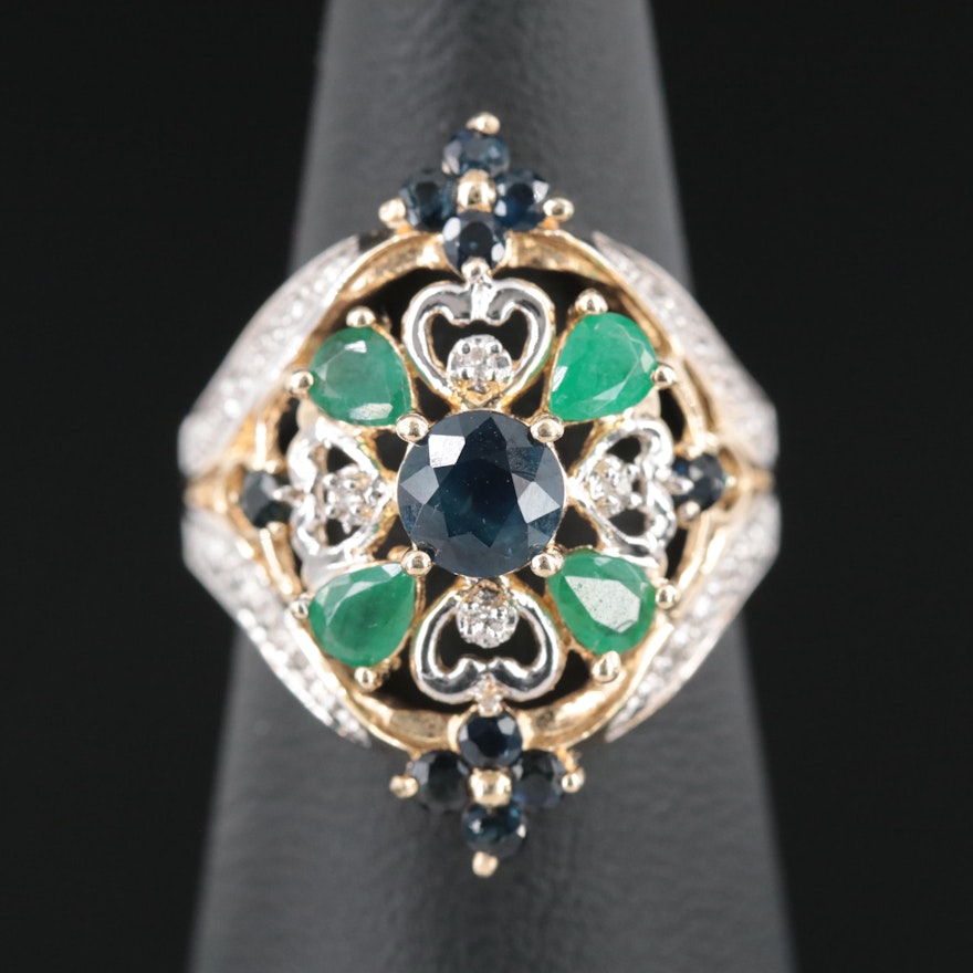 14K Sapphire, Emerald and Diamond Ring | EBTH